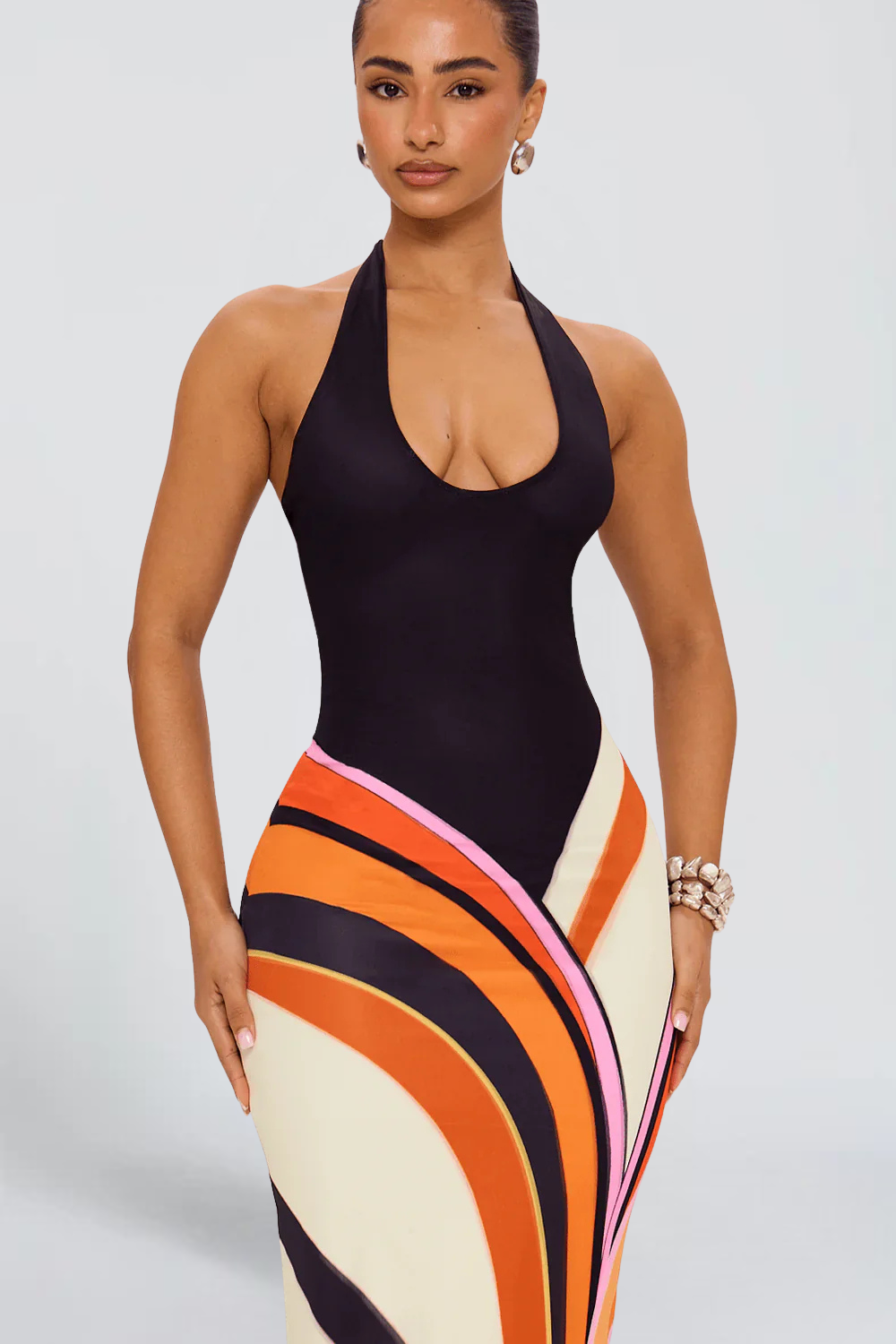 Camille Laurent | Halter Neck Print Maxi Dress – Plunge Open Back Abstract Bodycon Jersey Dress