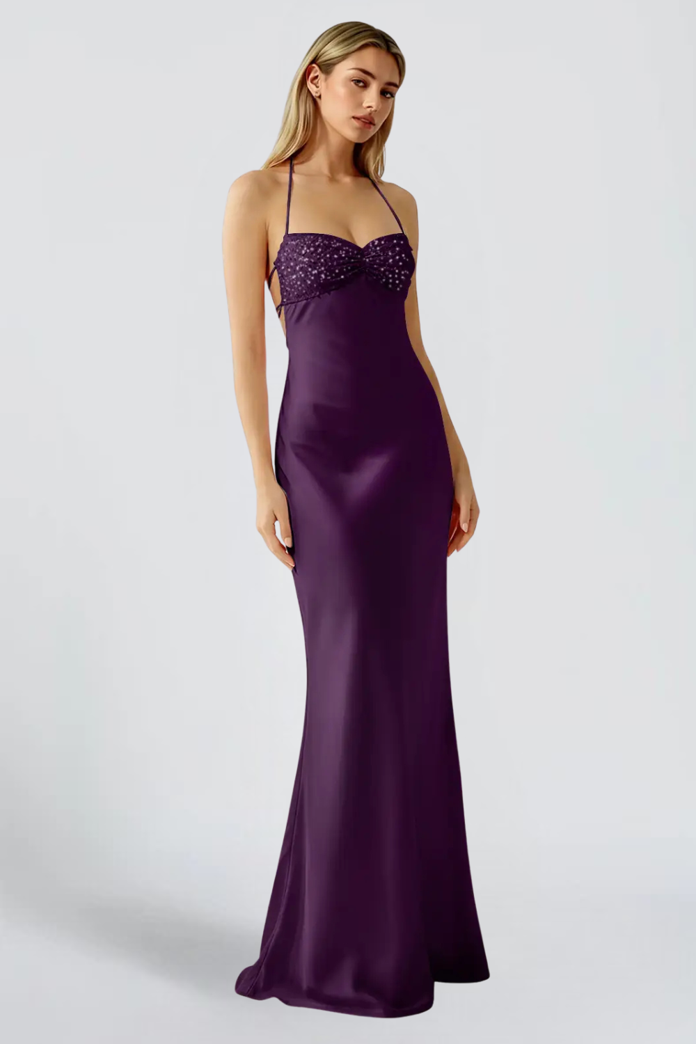LORRAINE VAUJOUR | Purple Satin Maxi Dress – Embellished Sweetheart Halter Open Back Evening Gown