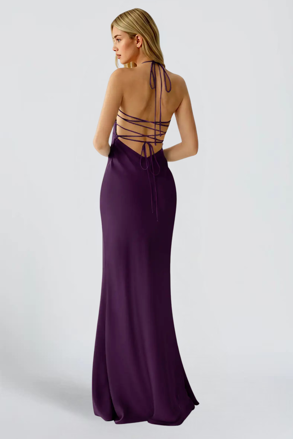 LORRAINE VAUJOUR | Purple Satin Maxi Dress – Embellished Sweetheart Halter Open Back Evening Gown