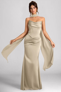 Emma Richard | Satin Corset Maxi Dress – Strapless Cowl Neck Cape Sleeve Mermaid Evening Gown