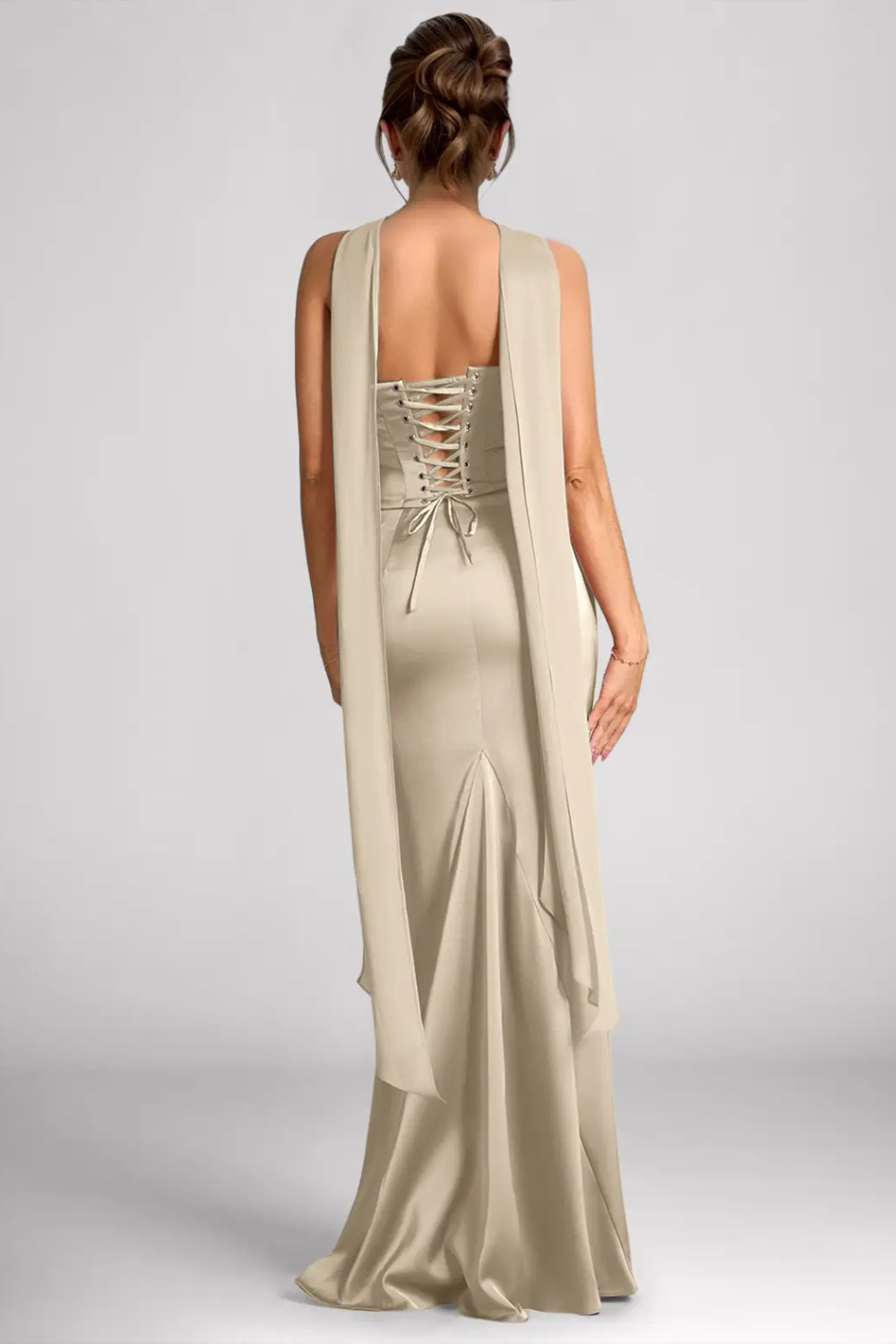 Emma Richard | Satin Corset Maxi Dress – Strapless Cowl Neck Cape Sleeve Mermaid Evening Gown