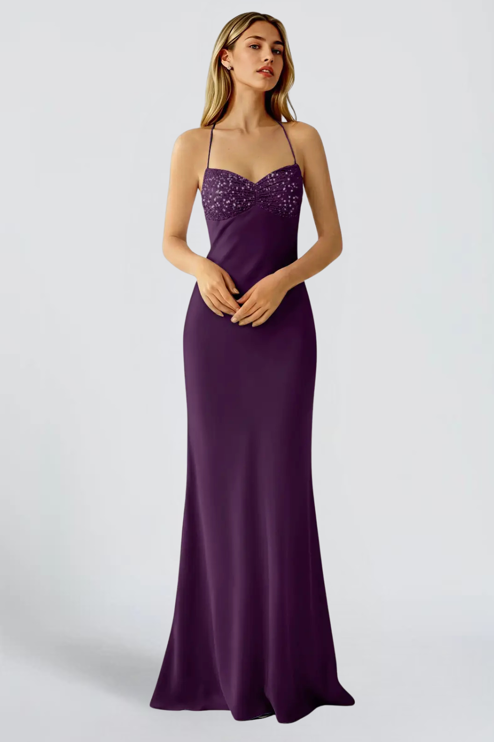 LORRAINE VAUJOUR | Purple Satin Maxi Dress – Embellished Sweetheart Halter Open Back Evening Gown