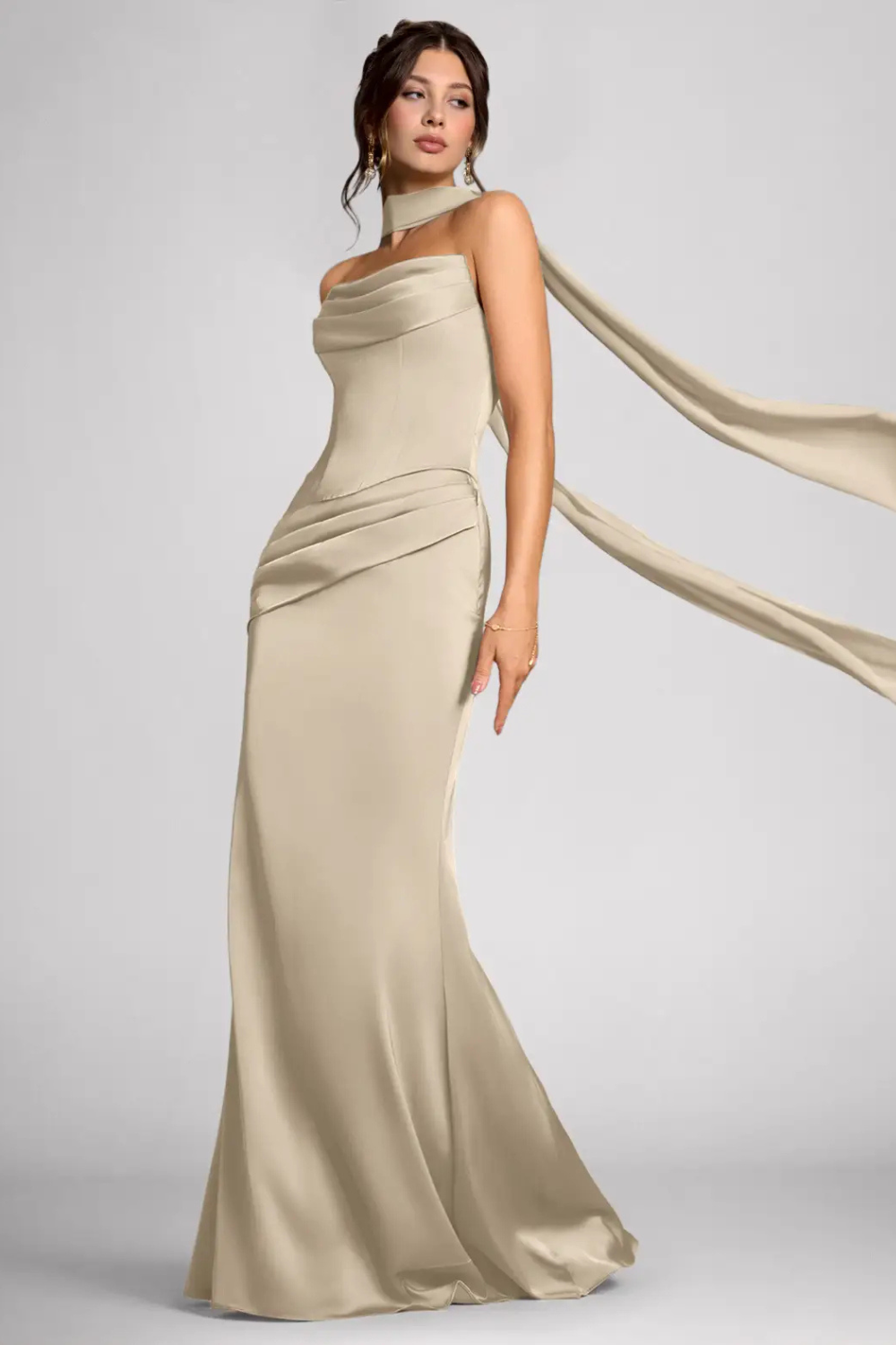 Emma Richard | Satin Corset Maxi Dress – Strapless Cowl Neck Cape Sleeve Mermaid Evening Gown