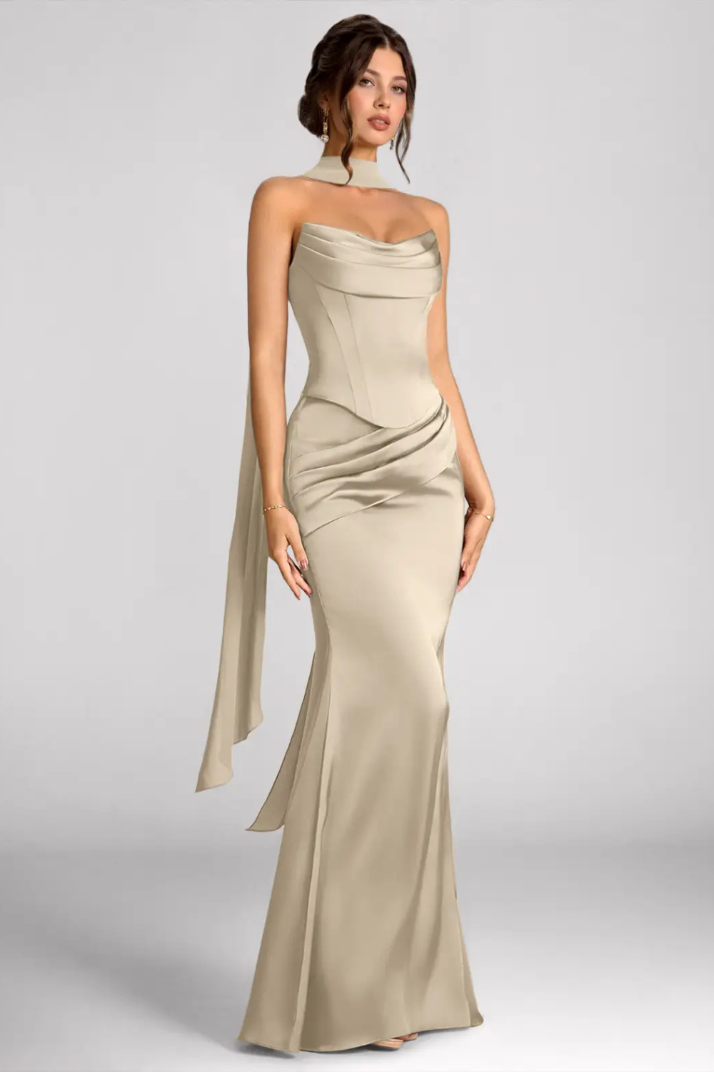 Emma Richard | Satin Corset Maxi Dress – Strapless Cowl Neck Cape Sleeve Mermaid Evening Gown