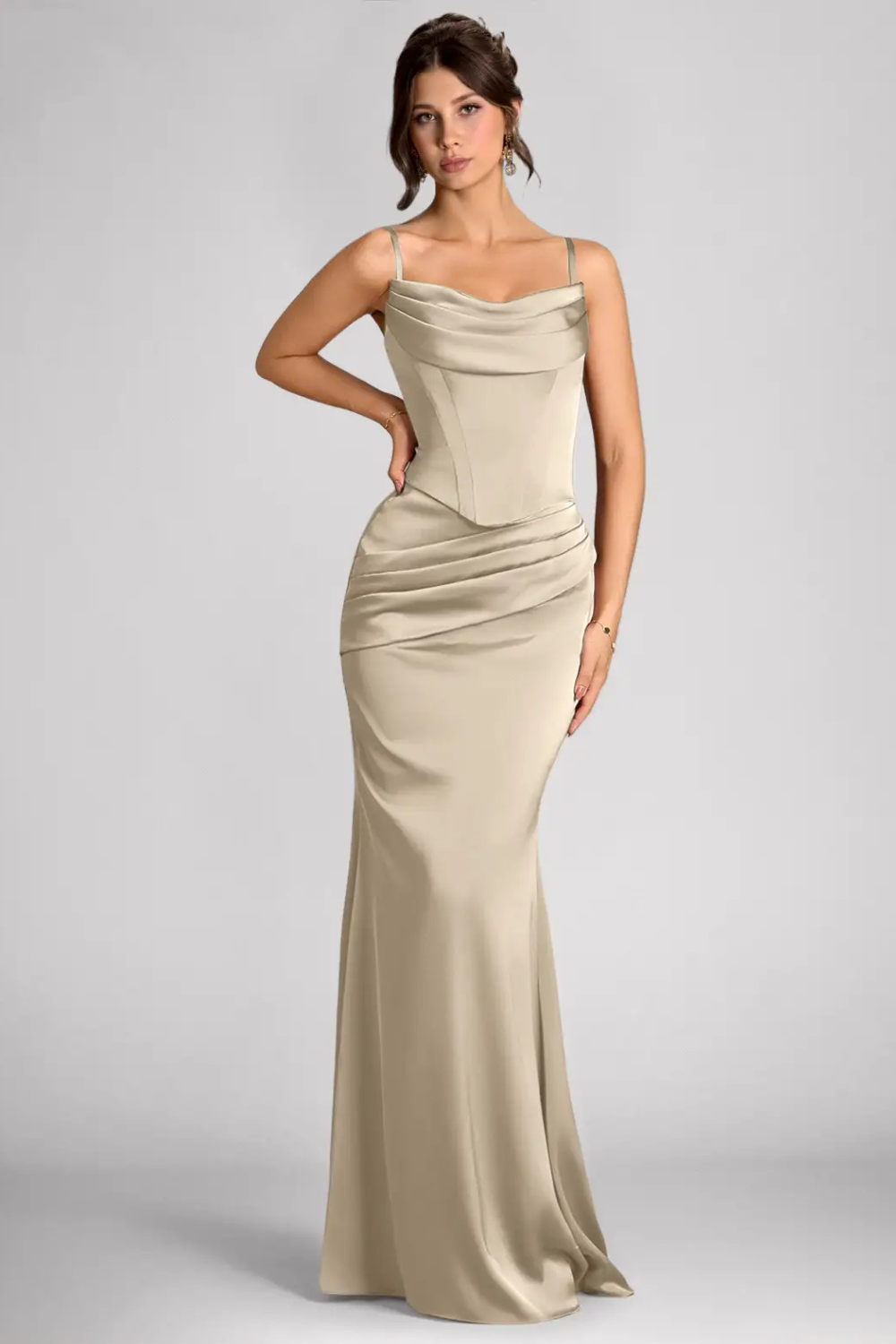 Emma Richard | Satin Corset Maxi Dress – Strapless Cowl Neck Cape Sleeve Mermaid Evening Gown