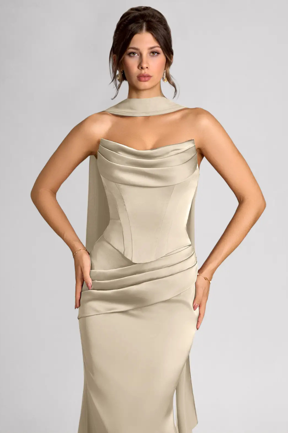 Emma Richard | Satin Corset Maxi Dress – Strapless Cowl Neck Cape Sleeve Mermaid Evening Gown