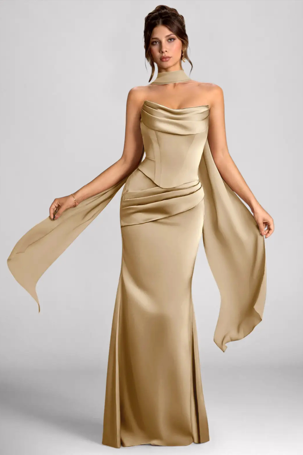 Emma Richard | Satin Corset Maxi Dress – Strapless Cowl Neck Cape Sleeve Mermaid Evening Gown