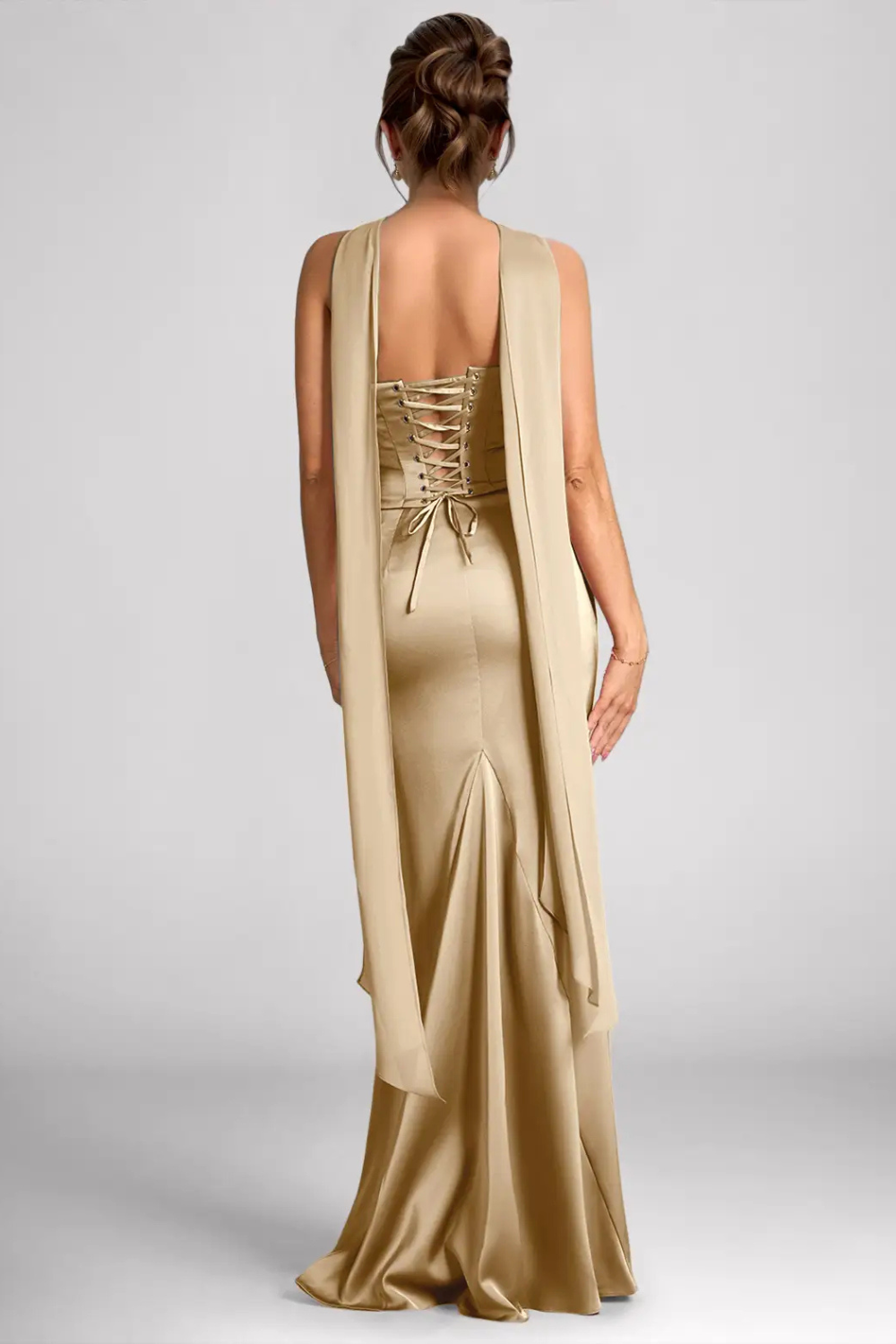 Emma Richard | Satin Corset Maxi Dress – Strapless Cowl Neck Cape Sleeve Mermaid Evening Gown
