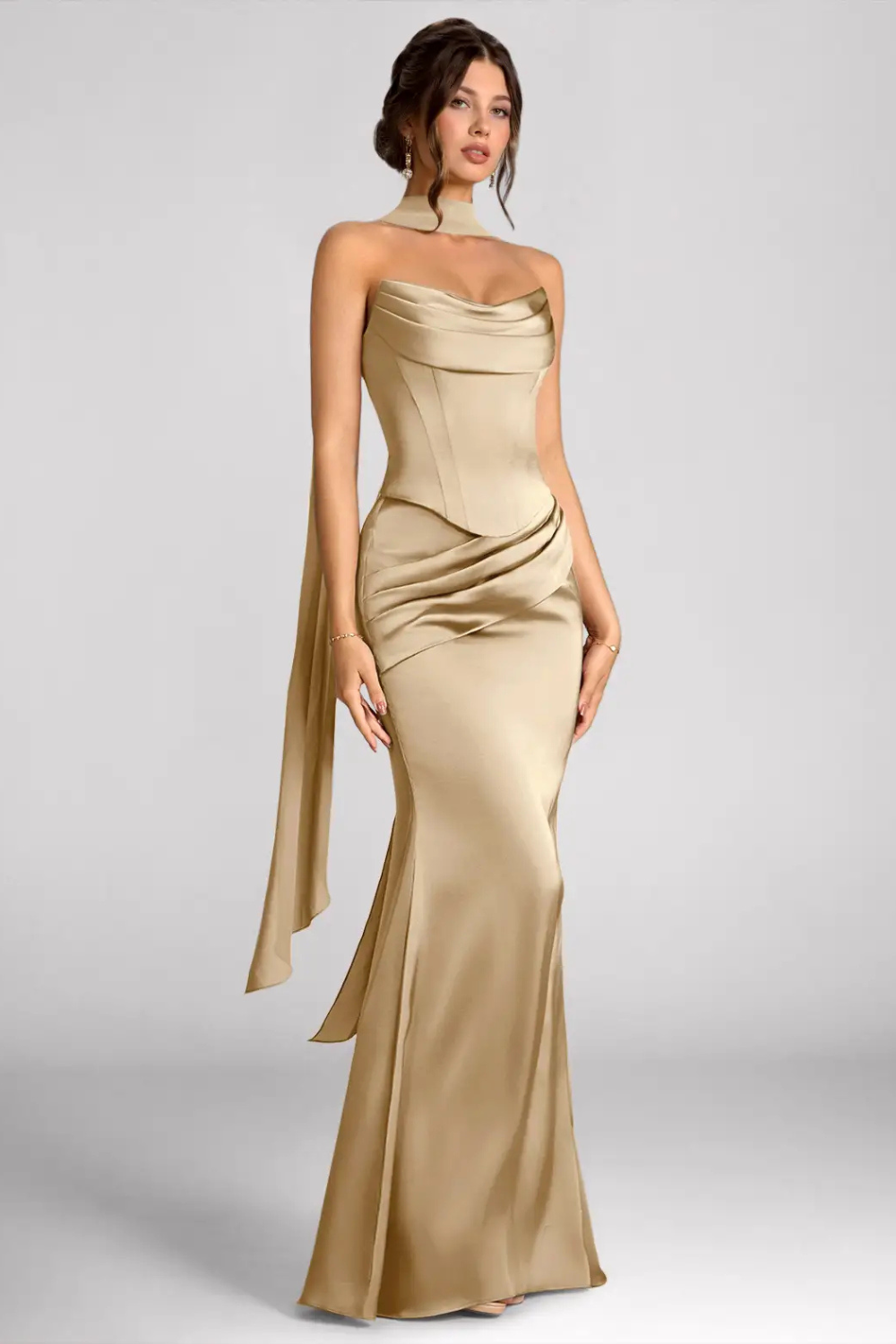 Emma Richard | Satin Corset Maxi Dress – Strapless Cowl Neck Cape Sleeve Mermaid Evening Gown