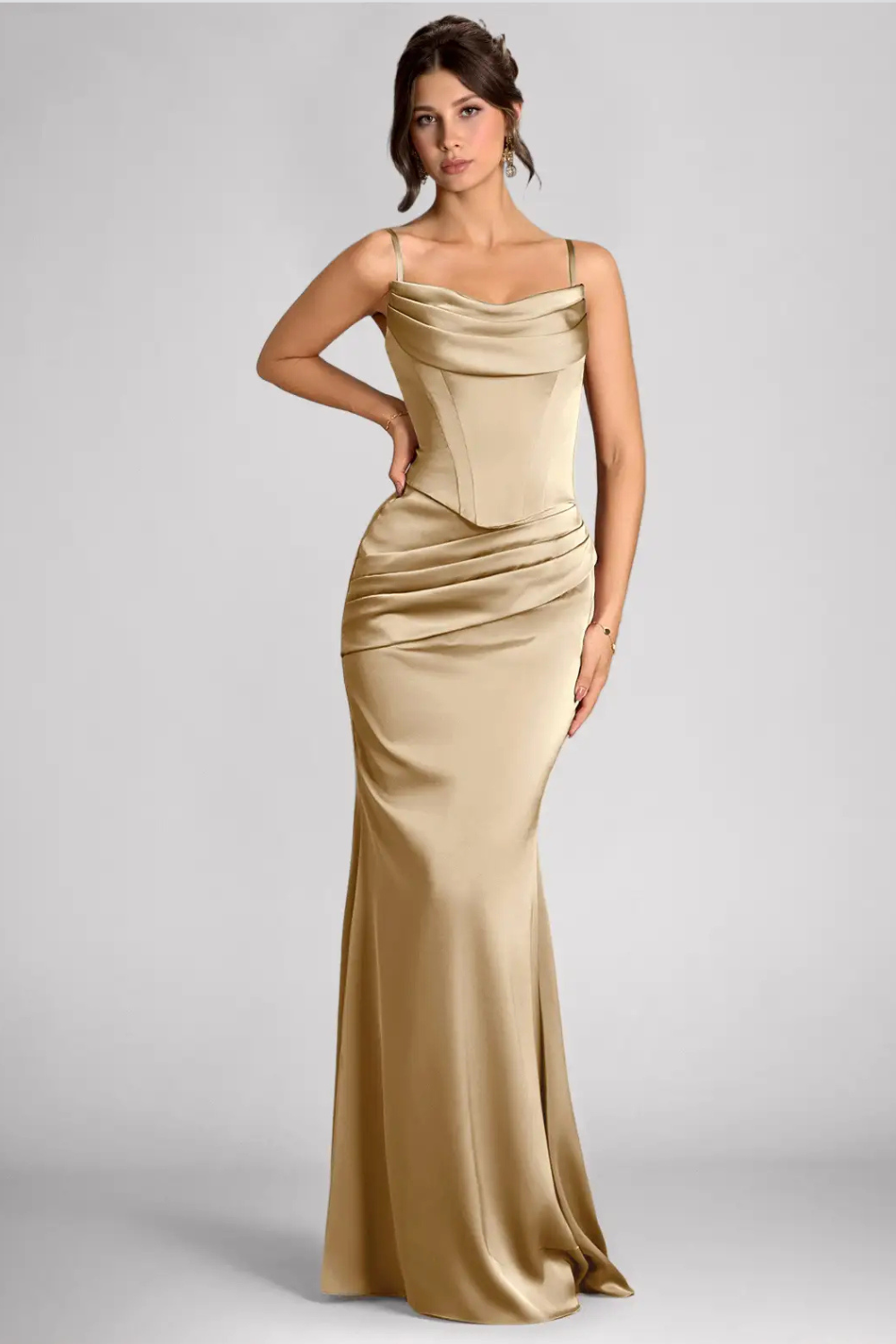Emma Richard | Satin Corset Maxi Dress – Strapless Cowl Neck Cape Sleeve Mermaid Evening Gown