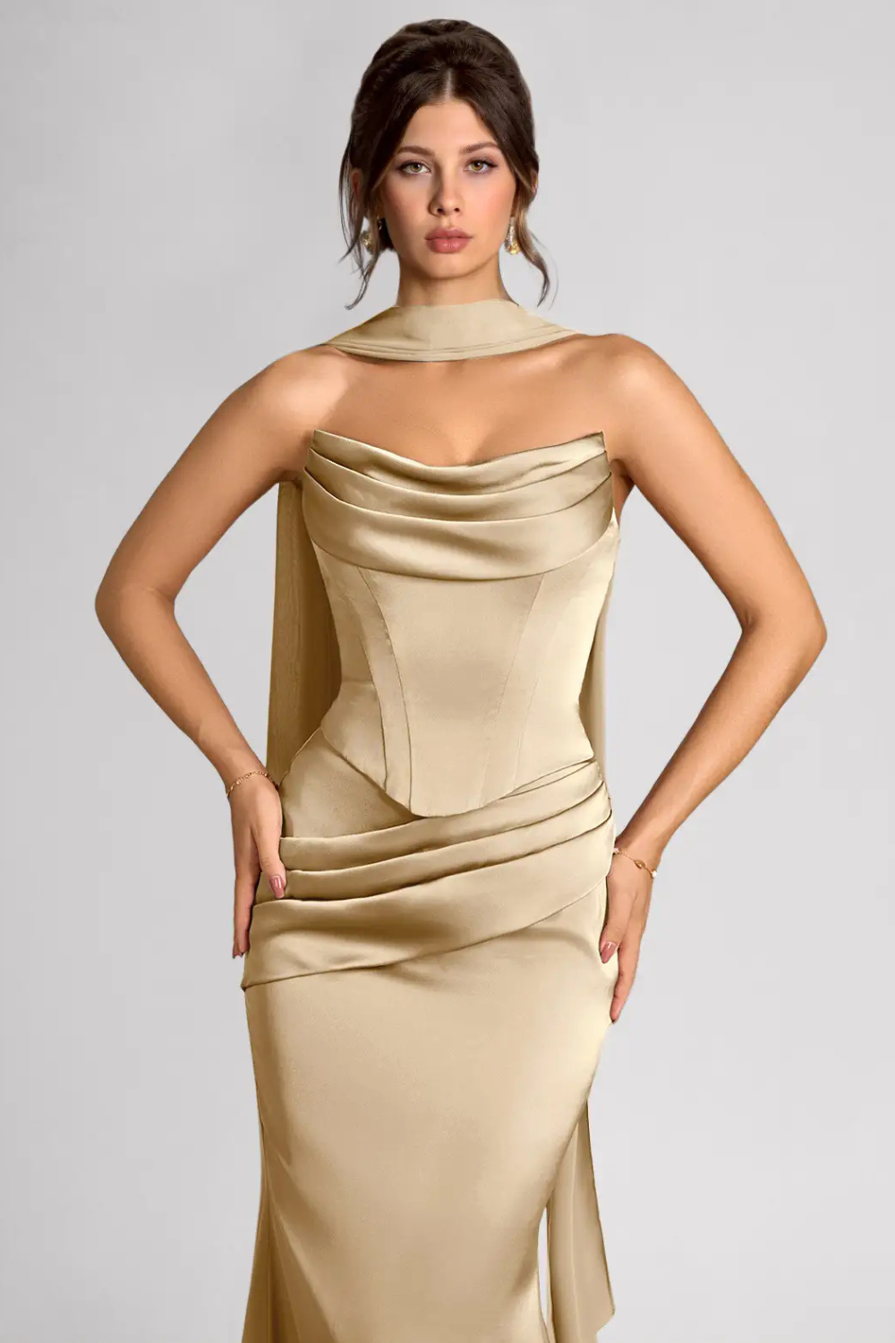 Emma Richard | Satin Corset Maxi Dress – Strapless Cowl Neck Cape Sleeve Mermaid Evening Gown