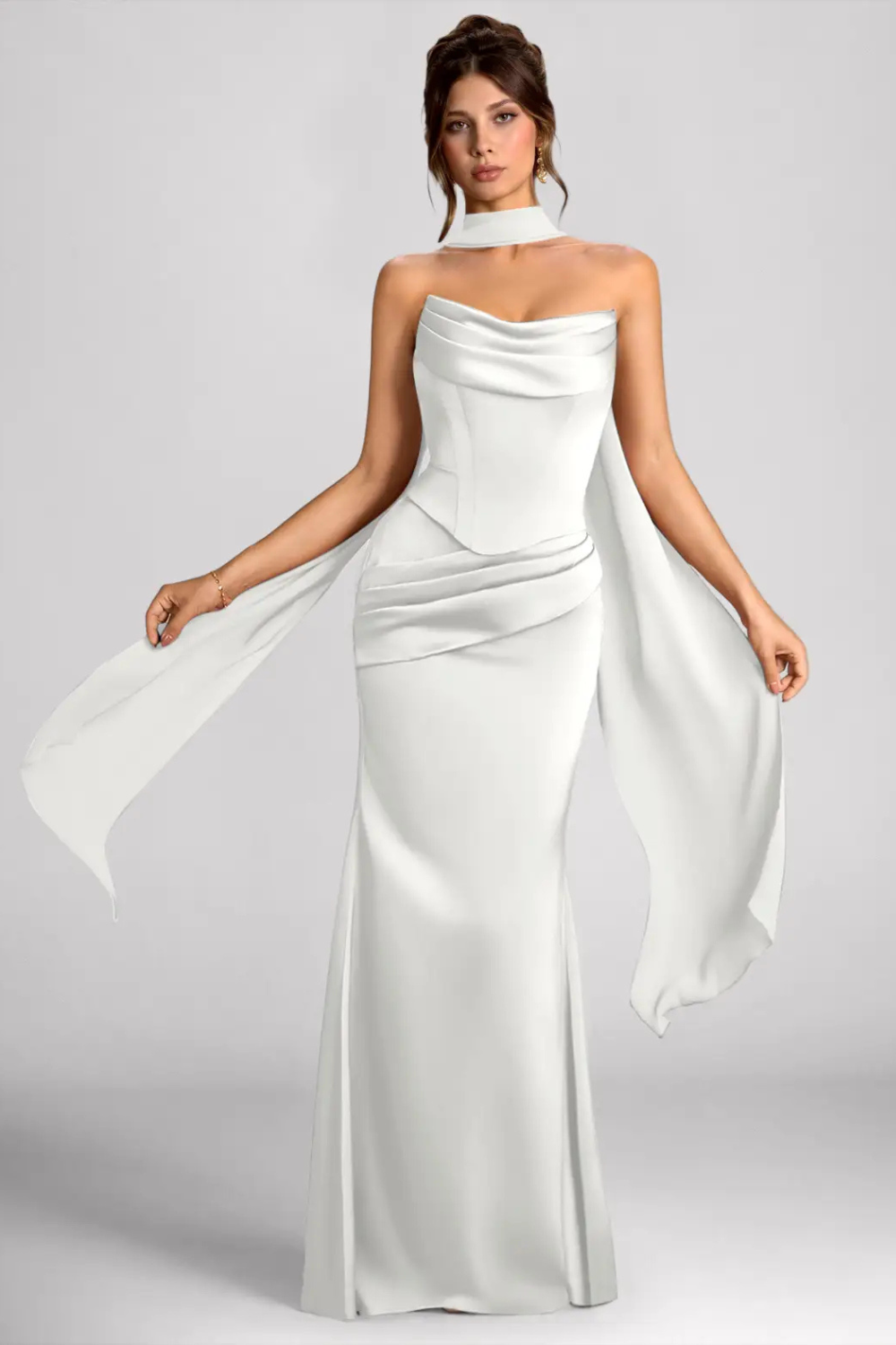 Emma Richard | Satin Corset Maxi Dress – Strapless Cowl Neck Cape Sleeve Mermaid Evening Gown