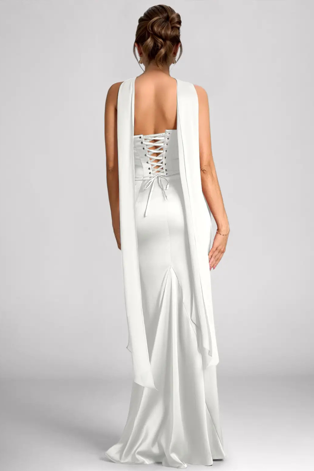 Emma Richard | Satin Corset Maxi Dress – Strapless Cowl Neck Cape Sleeve Mermaid Evening Gown