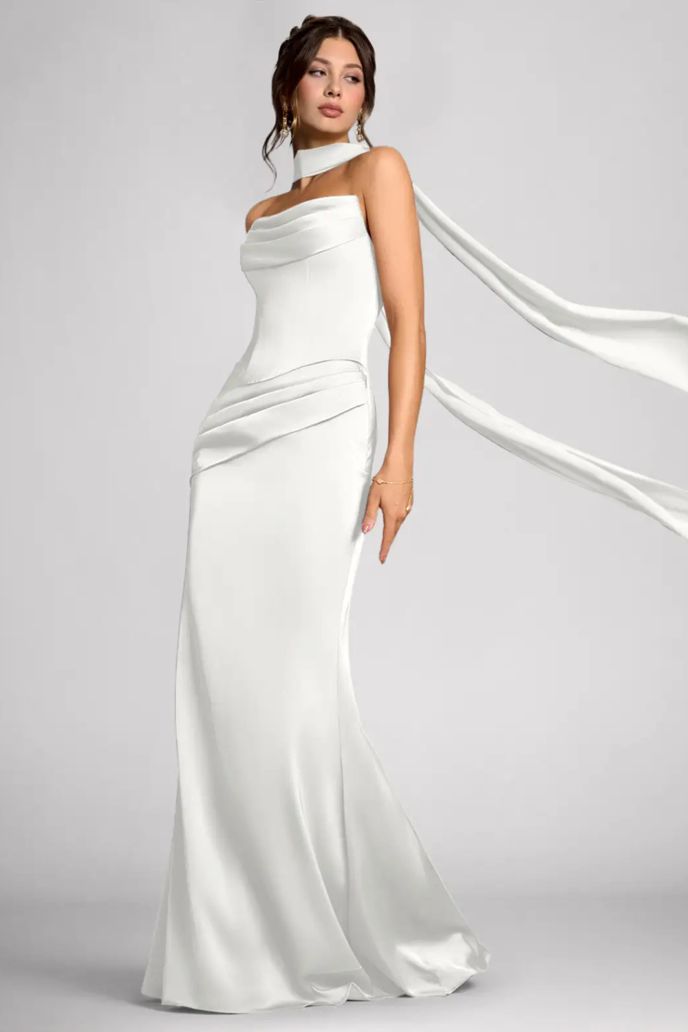Emma Richard | Satin Corset Maxi Dress – Strapless Cowl Neck Cape Sleeve Mermaid Evening Gown