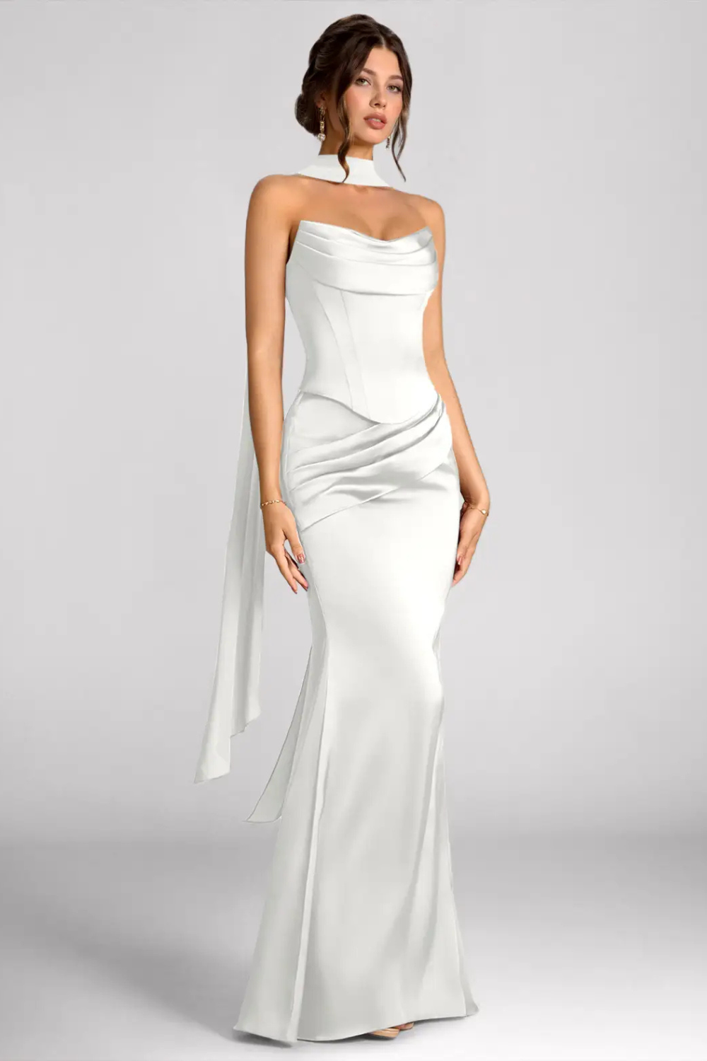 Emma Richard | Satin Corset Maxi Dress – Strapless Cowl Neck Cape Sleeve Mermaid Evening Gown