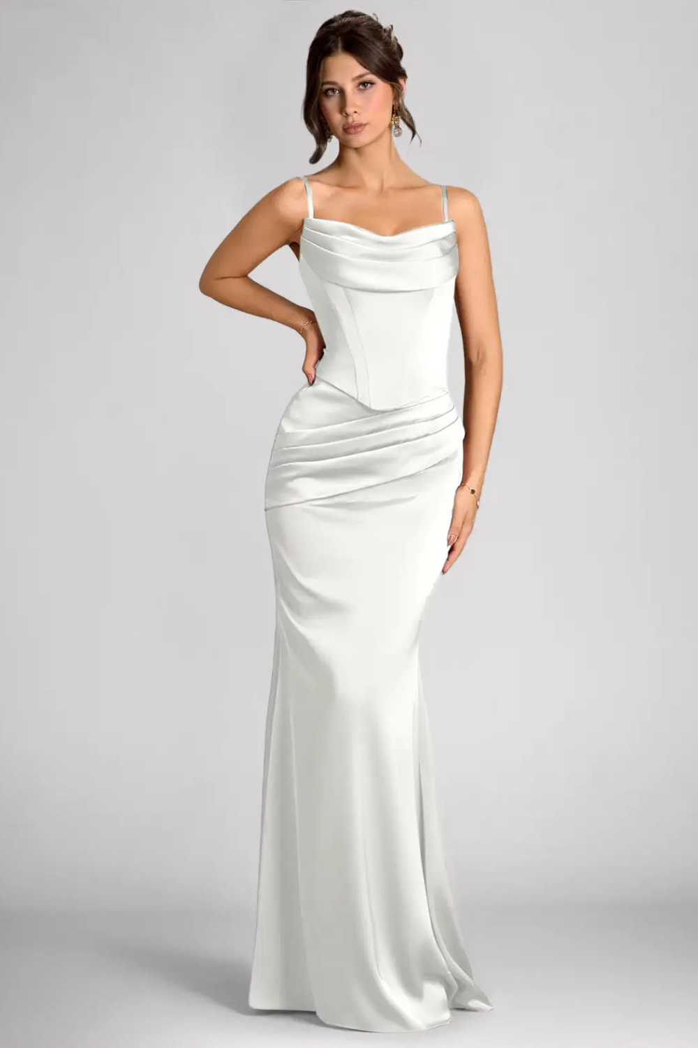 Emma Richard | Satin Corset Maxi Dress – Strapless Cowl Neck Cape Sleeve Mermaid Evening Gown