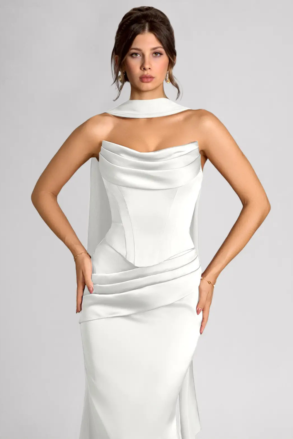 Emma Richard | Satin Corset Maxi Dress – Strapless Cowl Neck Cape Sleeve Mermaid Evening Gown