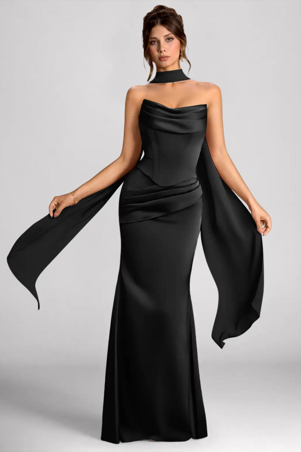 Emma Richard | Satin Corset Maxi Dress – Strapless Cowl Neck Cape Sleeve Mermaid Evening Gown