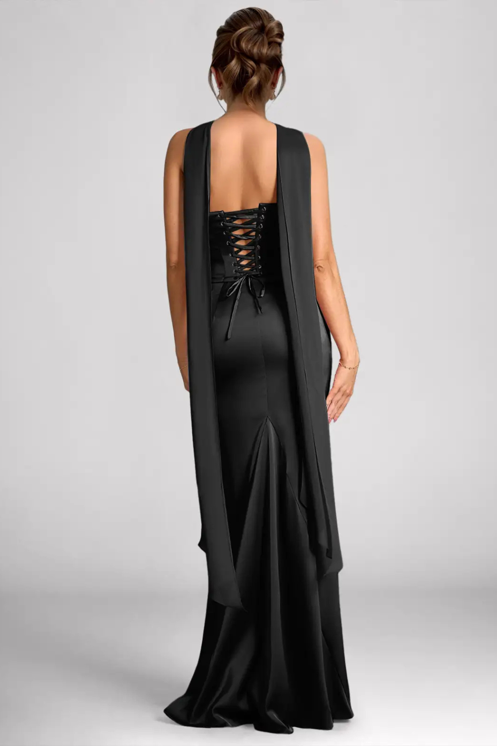 Emma Richard | Satin Corset Maxi Dress – Strapless Cowl Neck Cape Sleeve Mermaid Evening Gown