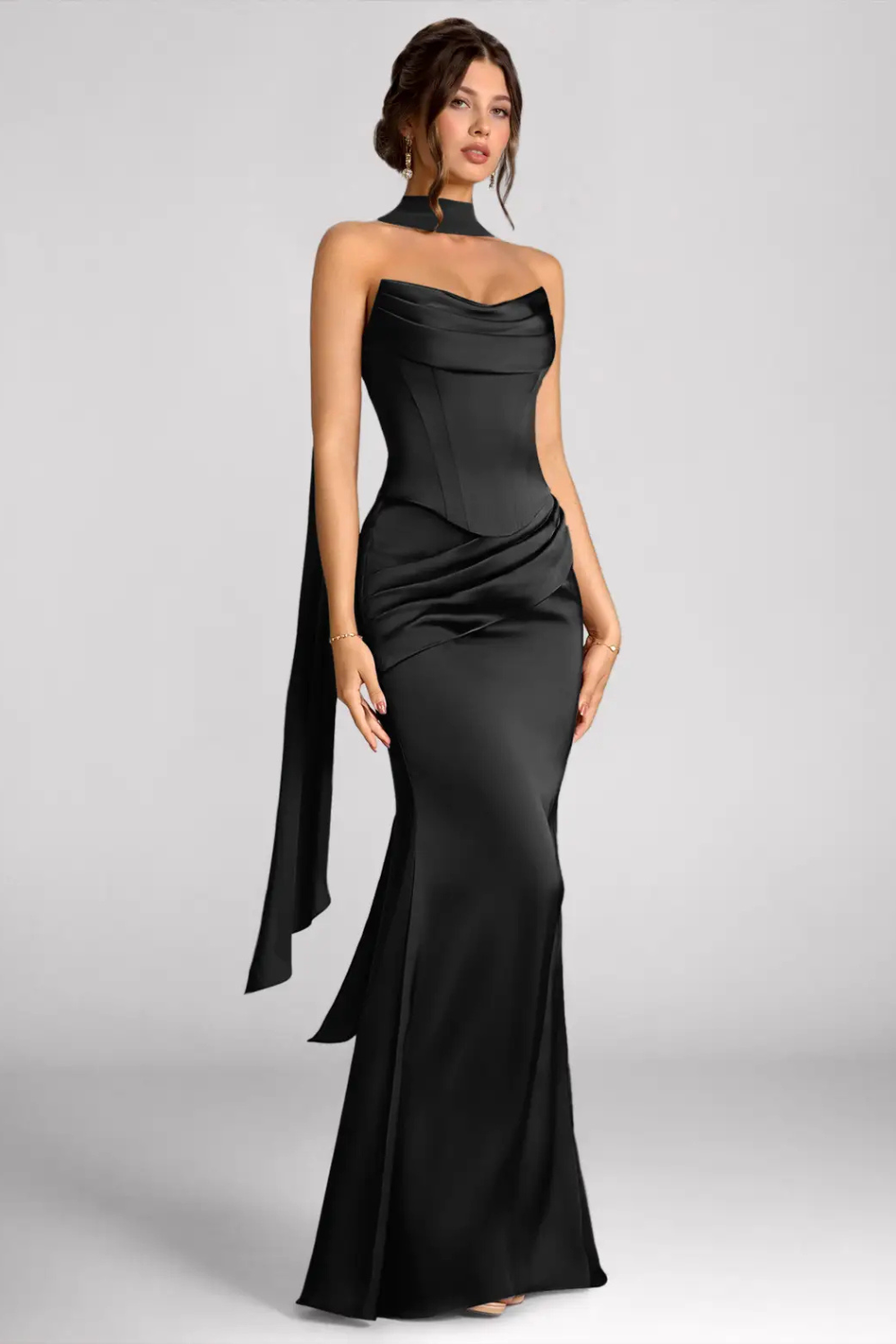 Emma Richard | Satin Corset Maxi Dress – Strapless Cowl Neck Cape Sleeve Mermaid Evening Gown