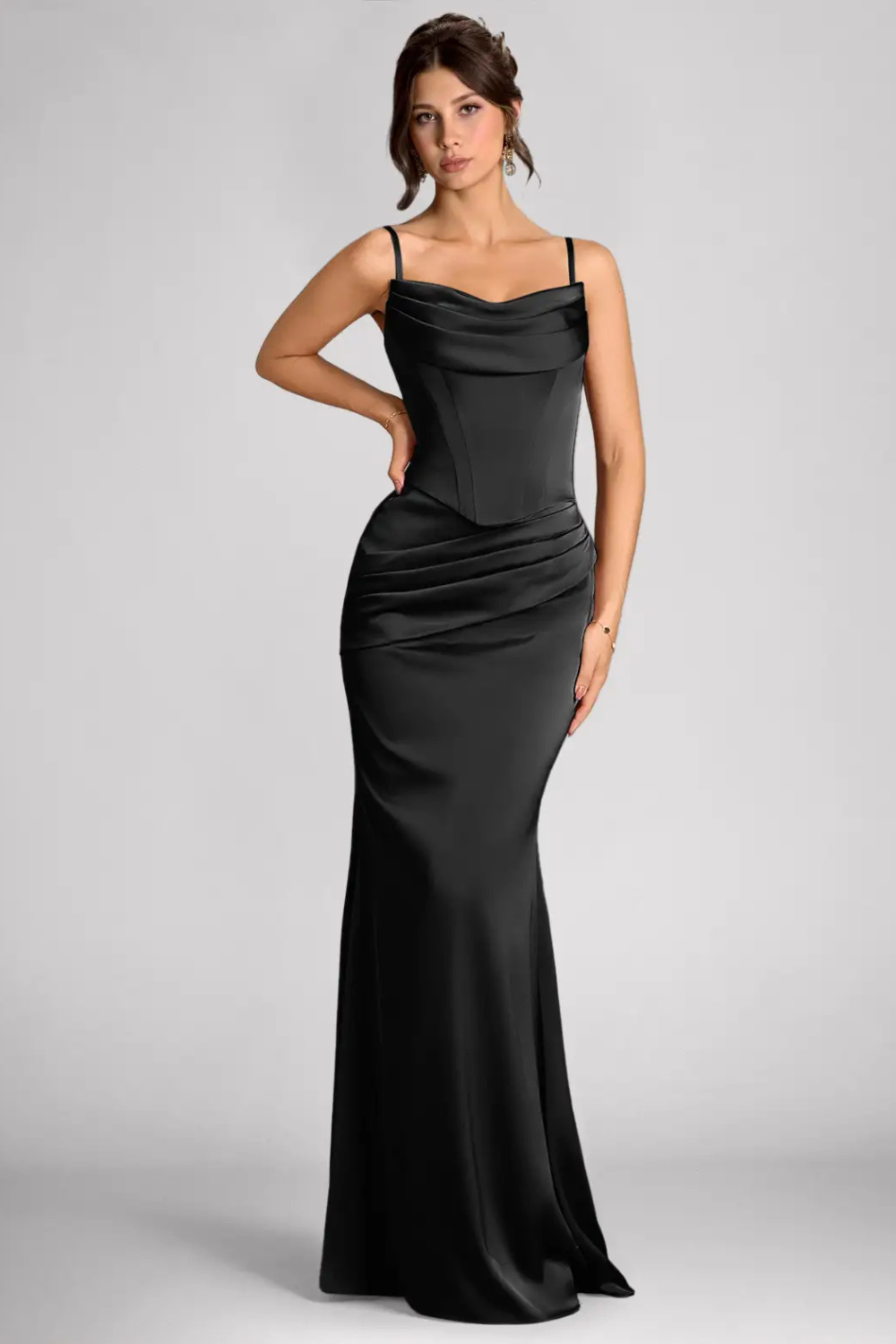Emma Richard | Satin Corset Maxi Dress – Strapless Cowl Neck Cape Sleeve Mermaid Evening Gown