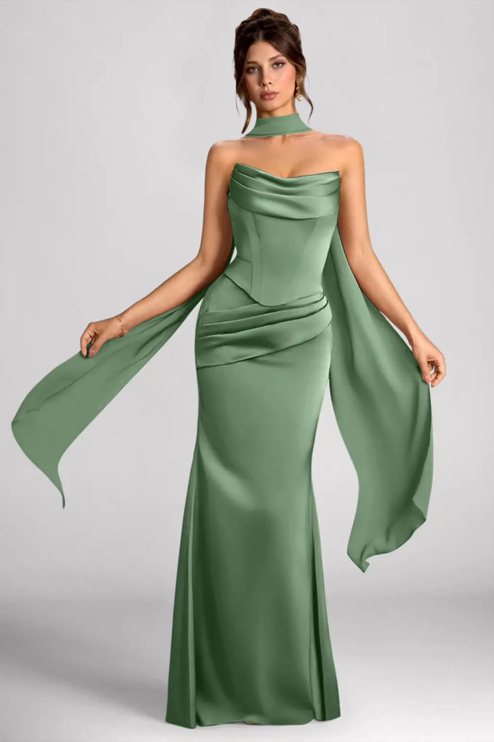 Emma Richard | Satin Corset Maxi Dress – Strapless Cowl Neck Cape Sleeve Mermaid Evening Gown