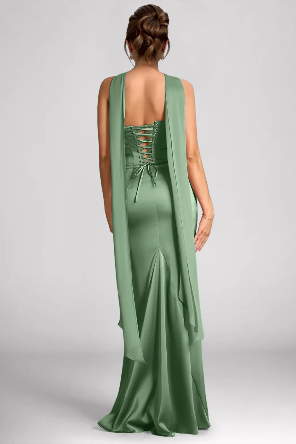Emma Richard | Satin Corset Maxi Dress – Strapless Cowl Neck Cape Sleeve Mermaid Evening Gown