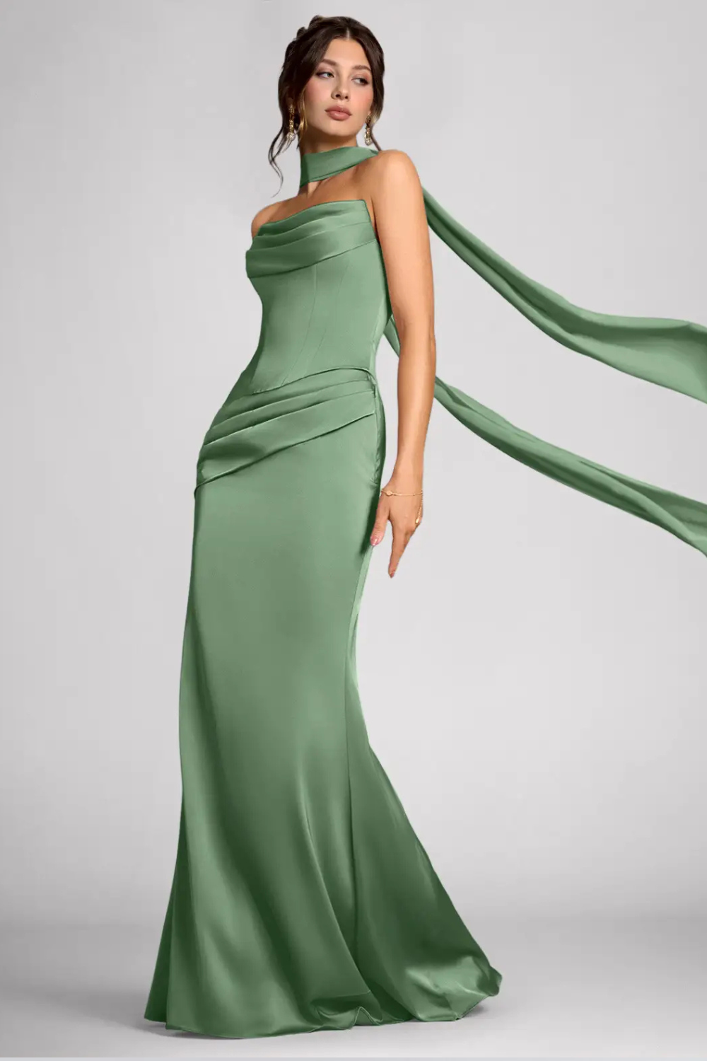 Emma Richard | Satin Corset Maxi Dress – Strapless Cowl Neck Cape Sleeve Mermaid Evening Gown