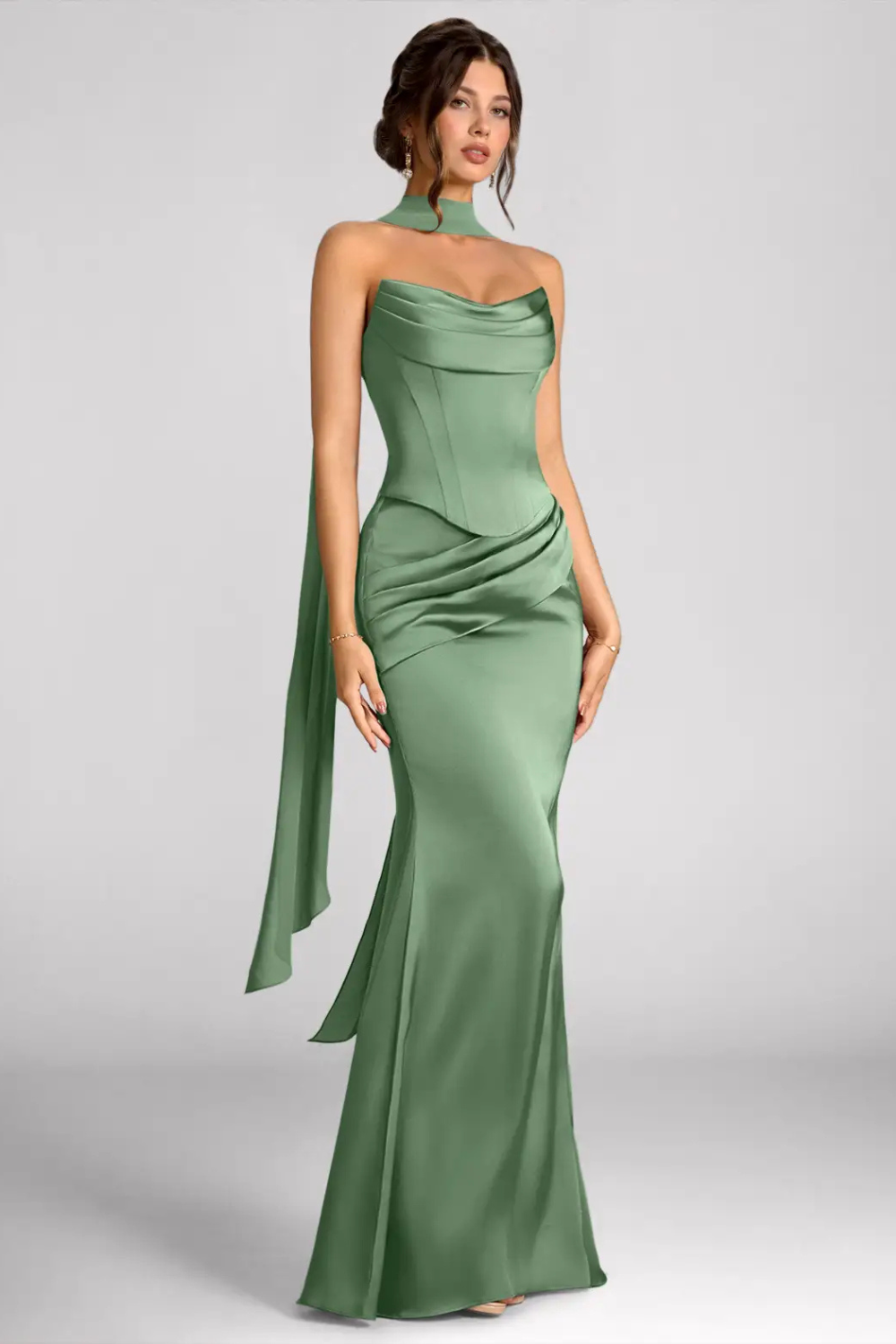 Emma Richard | Satin Corset Maxi Dress – Strapless Cowl Neck Cape Sleeve Mermaid Evening Gown