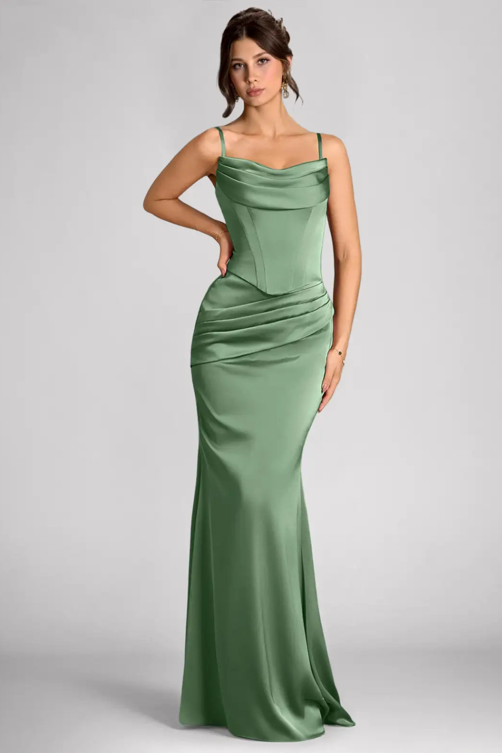 Emma Richard | Satin Corset Maxi Dress – Strapless Cowl Neck Cape Sleeve Mermaid Evening Gown