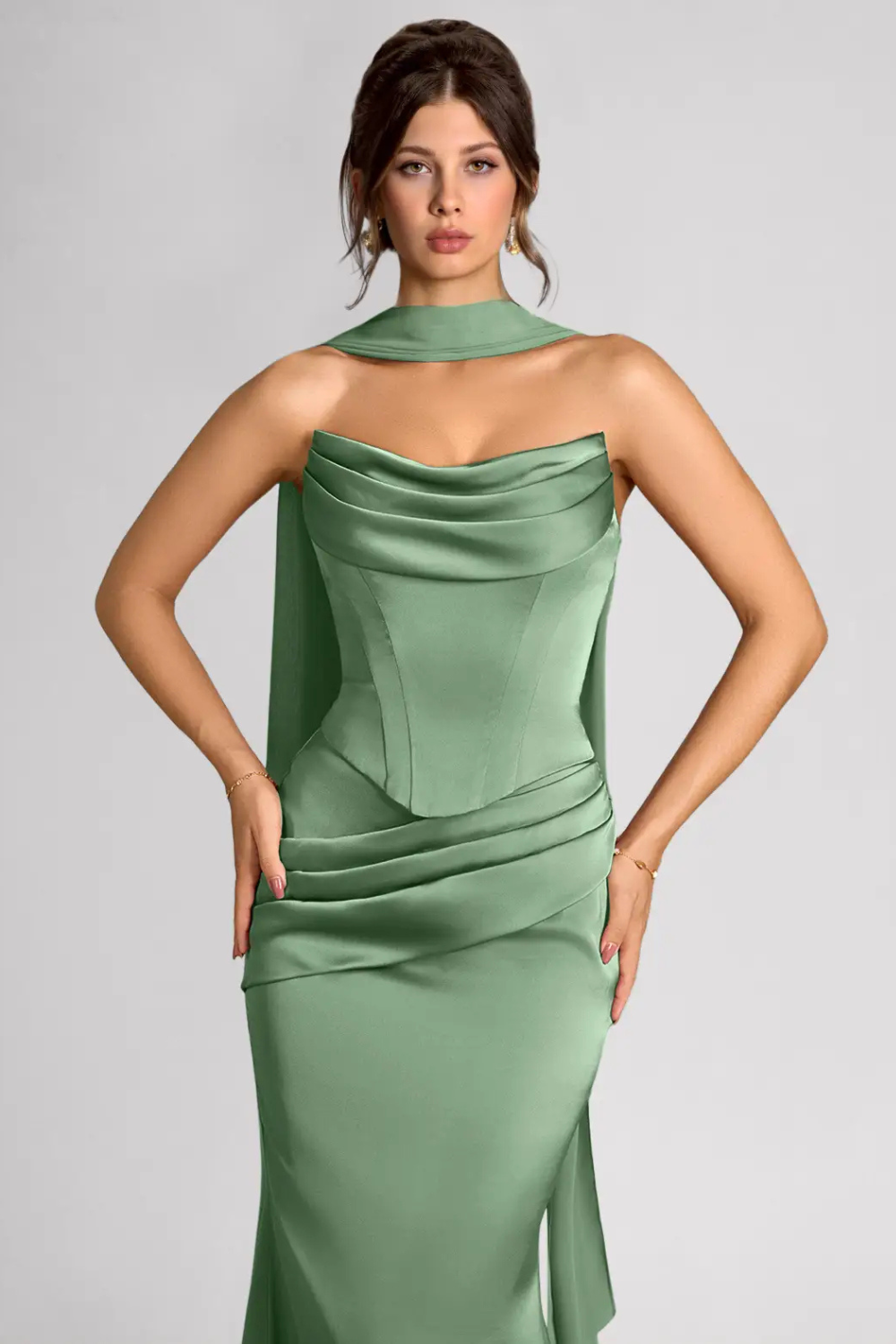 Emma Richard | Satin Corset Maxi Dress – Strapless Cowl Neck Cape Sleeve Mermaid Evening Gown