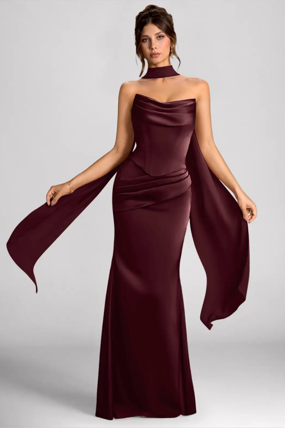 Emma Richard | Satin Corset Maxi Dress – Strapless Cowl Neck Cape Sleeve Mermaid Evening Gown