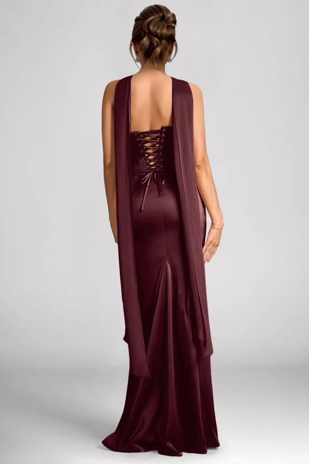 Emma Richard | Satin Corset Maxi Dress – Strapless Cowl Neck Cape Sleeve Mermaid Evening Gown