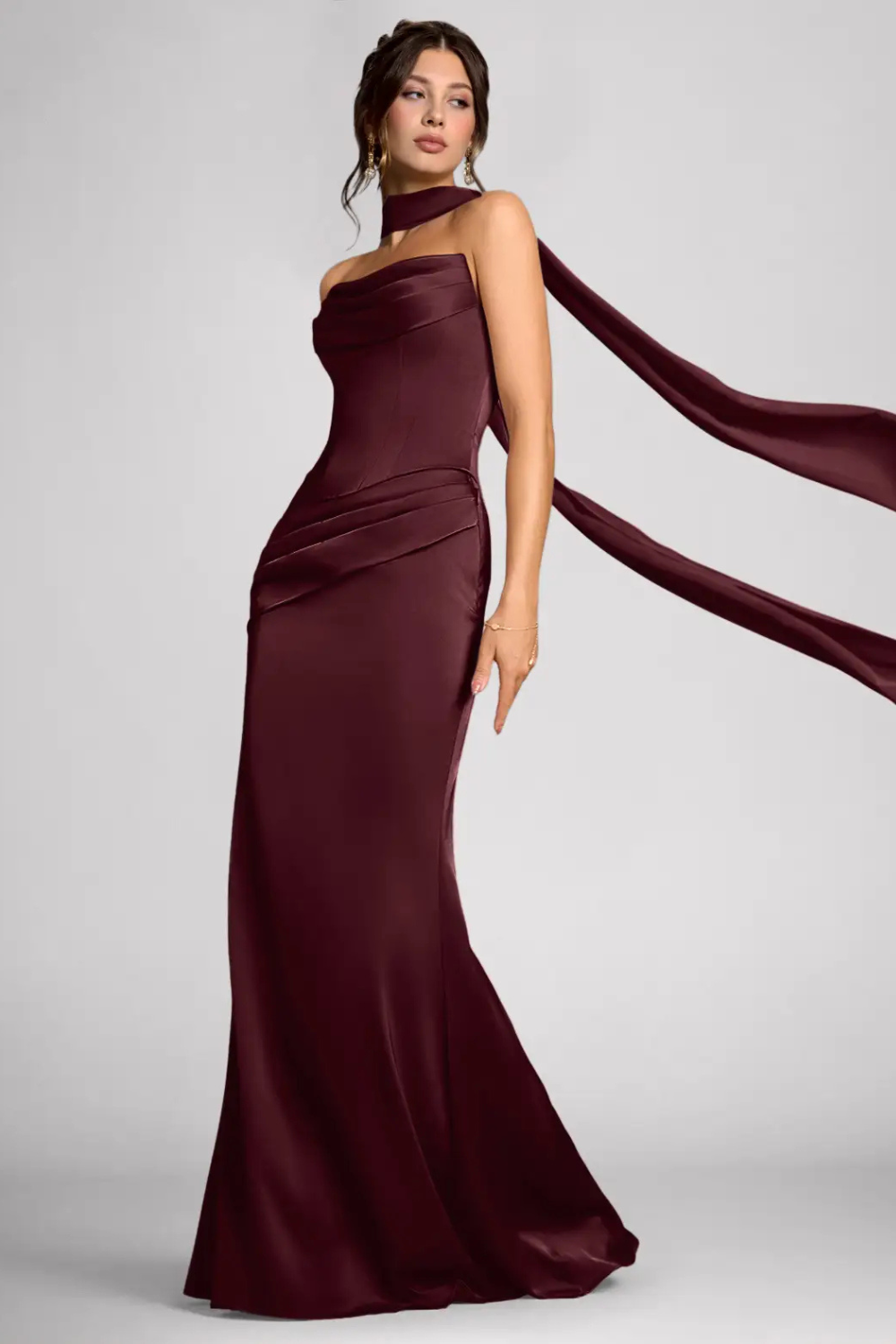 Emma Richard | Satin Corset Maxi Dress – Strapless Cowl Neck Cape Sleeve Mermaid Evening Gown
