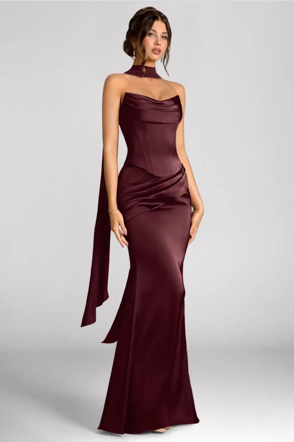 Emma Richard | Satin Corset Maxi Dress – Strapless Cowl Neck Cape Sleeve Mermaid Evening Gown
