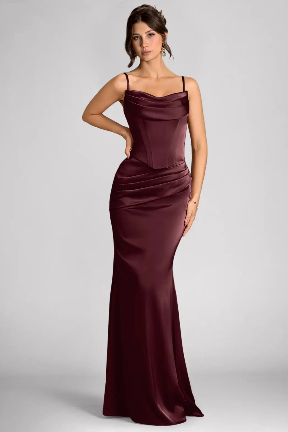 Emma Richard | Satin Corset Maxi Dress – Strapless Cowl Neck Cape Sleeve Mermaid Evening Gown