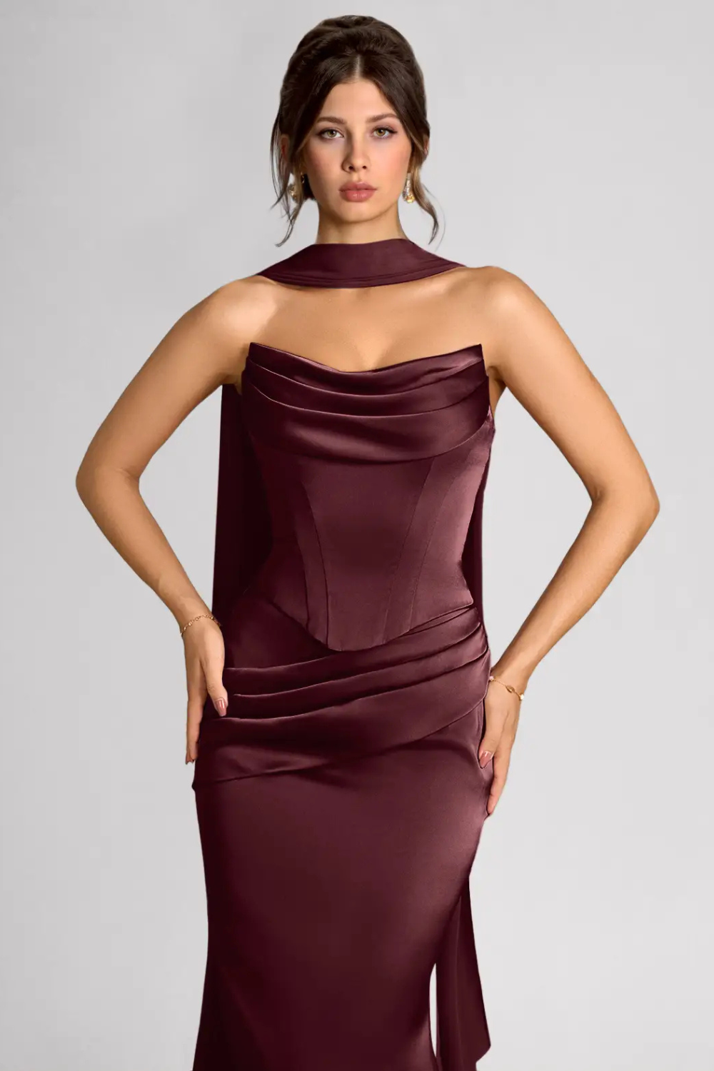 Emma Richard | Satin Corset Maxi Dress – Strapless Cowl Neck Cape Sleeve Mermaid Evening Gown