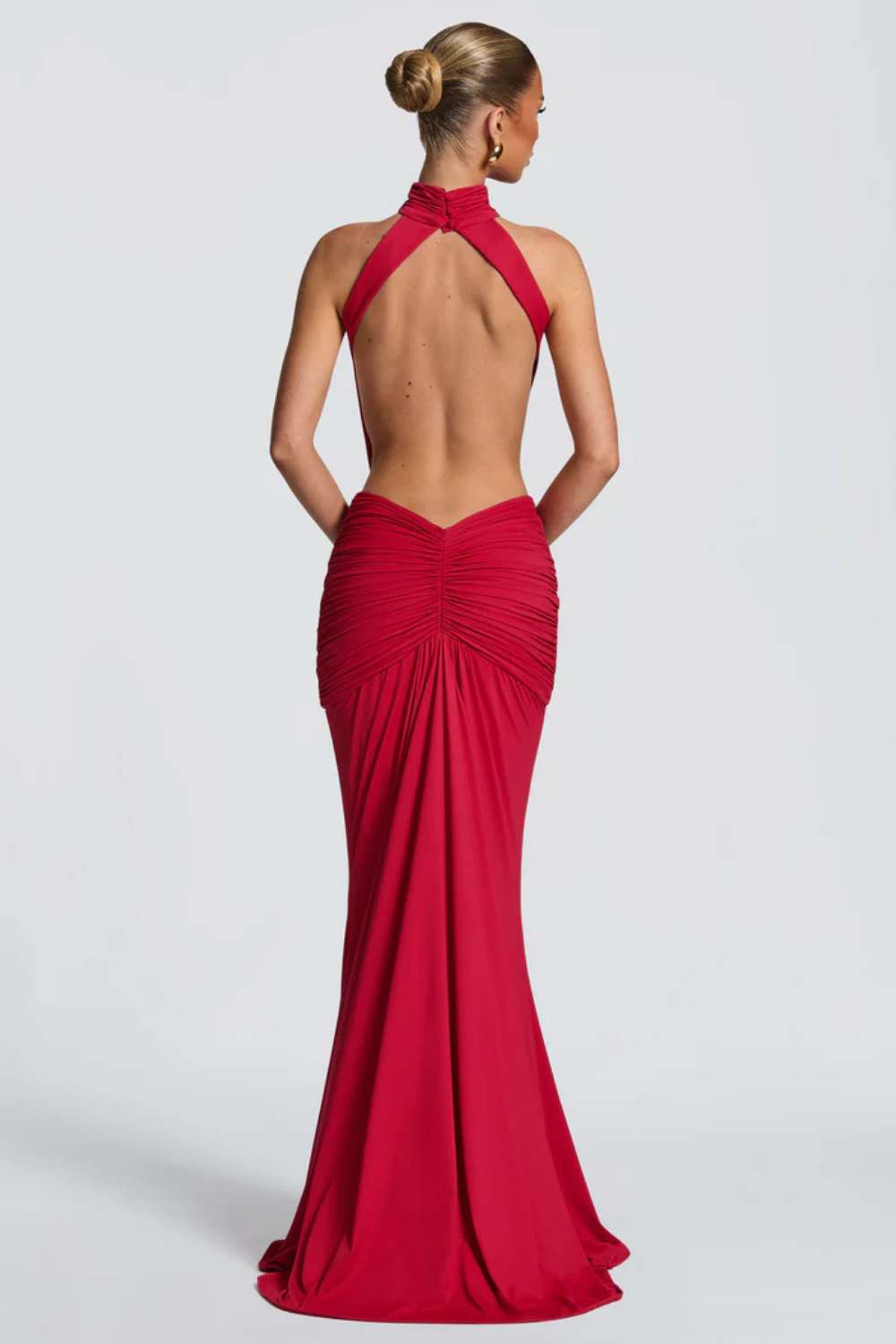 EVELINE VAUPERRIN | Draped Halter Maxi Dress – Side Cut Out Ruched Hip Bodycon Evening Gown