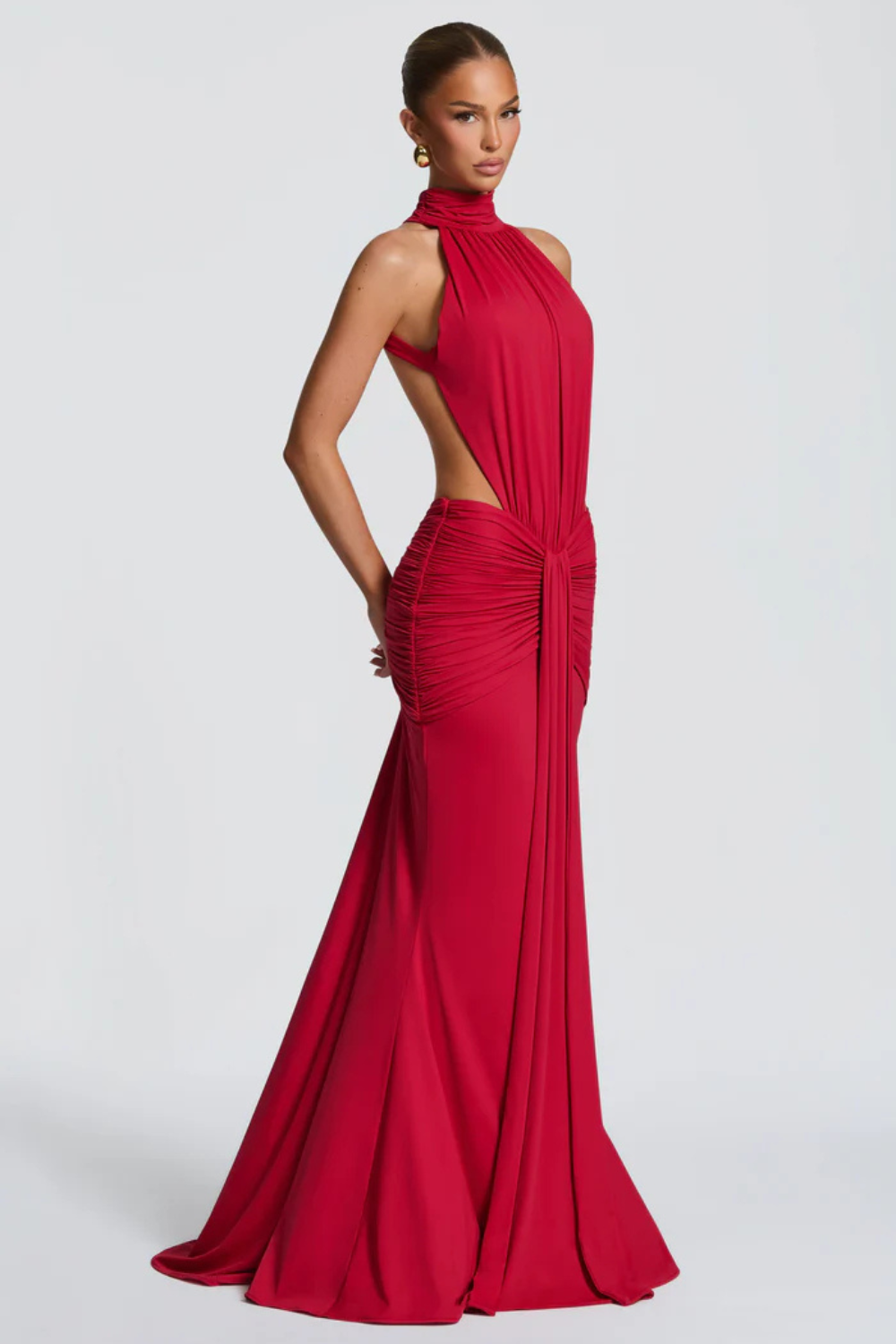 EVELINE VAUPERRIN | Draped Halter Maxi Dress – Side Cut Out Ruched Hip Bodycon Evening Gown