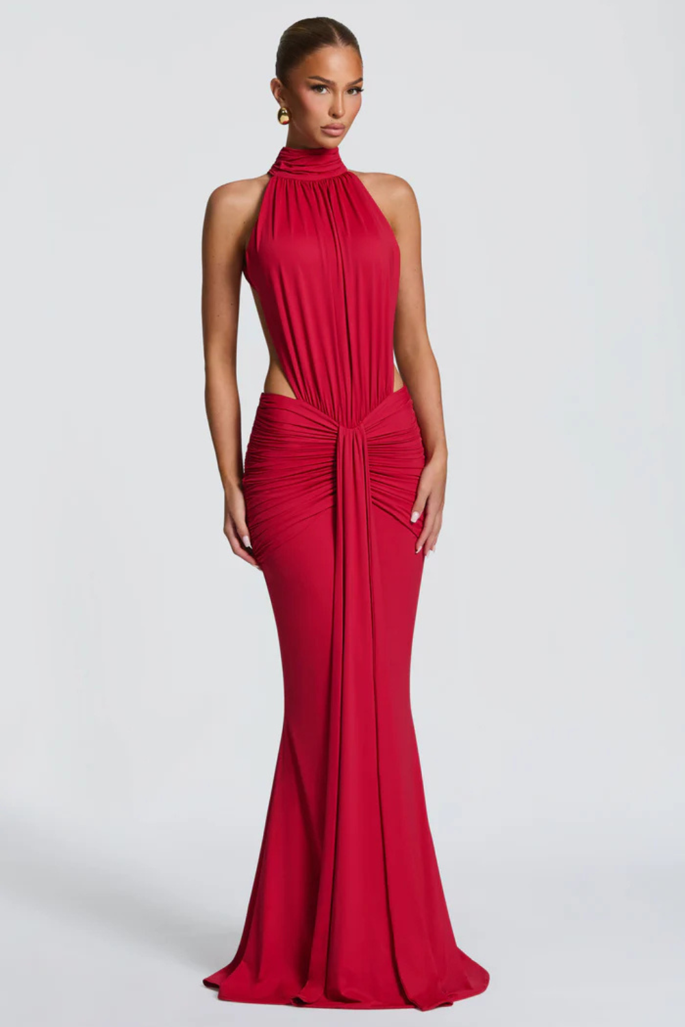 EVELINE VAUPERRIN | Draped Halter Maxi Dress – Side Cut Out Ruched Hip Bodycon Evening Gown