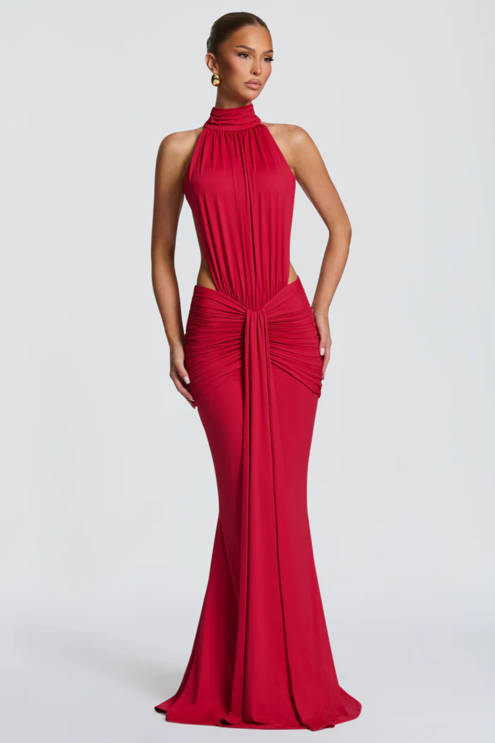 EVELINE VAUPERRIN | Draped Halter Maxi Dress – Side Cut Out Ruched Hip Bodycon Evening Gown