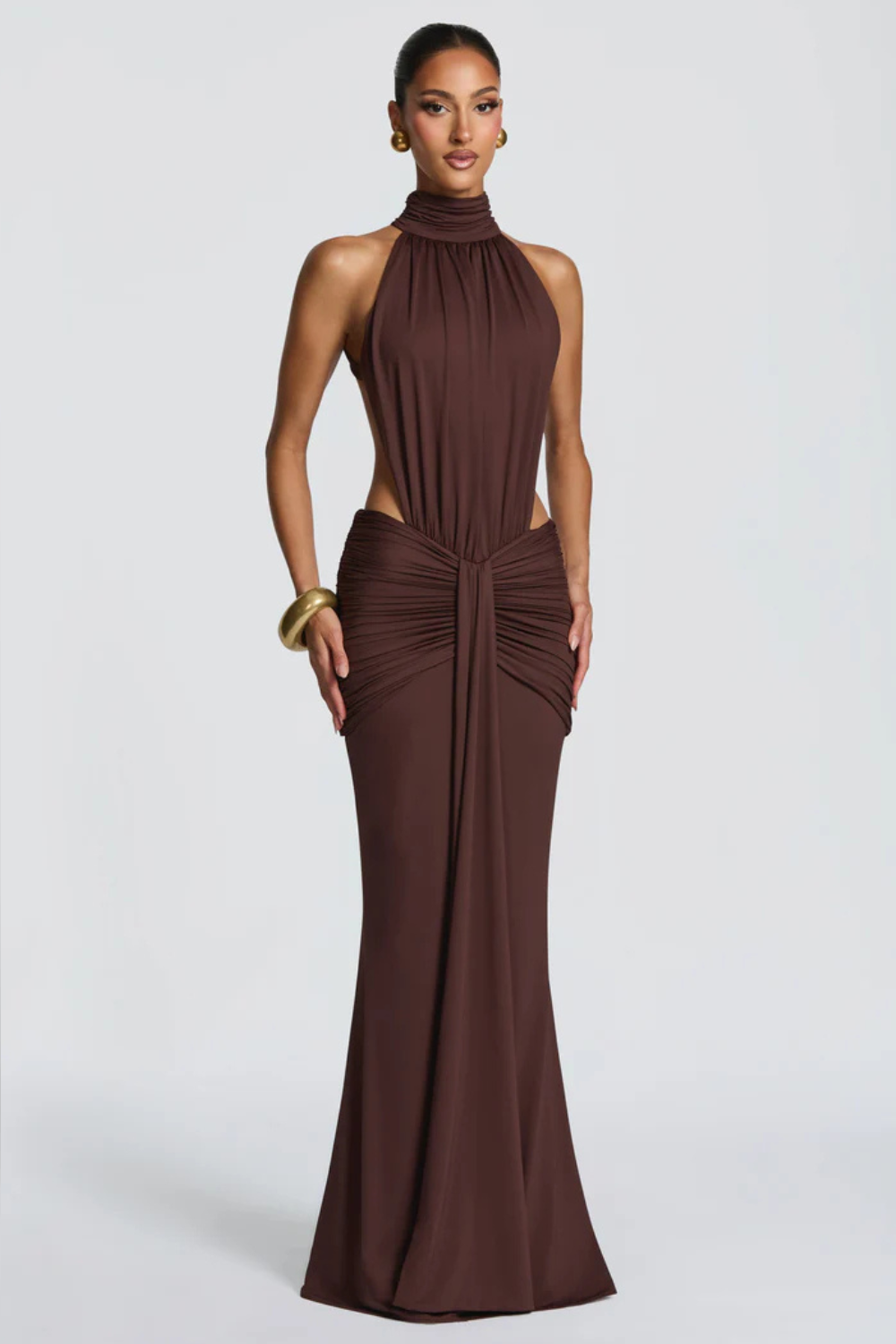 EVELINE VAUPERRIN | Draped Halter Maxi Dress – Side Cut Out Ruched Hip Bodycon Evening Gown