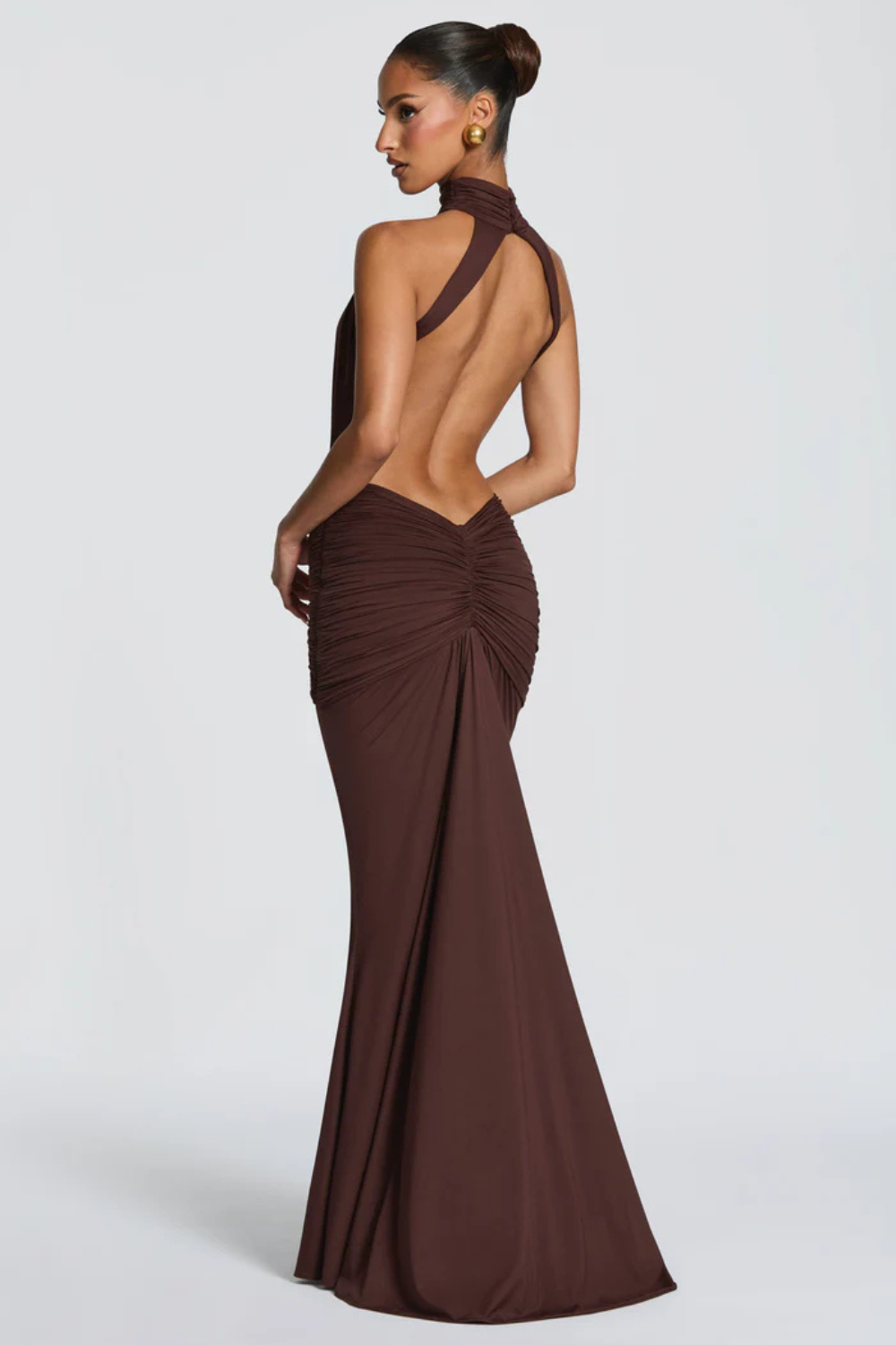 EVELINE VAUPERRIN | Draped Halter Maxi Dress – Side Cut Out Ruched Hip Bodycon Evening Gown
