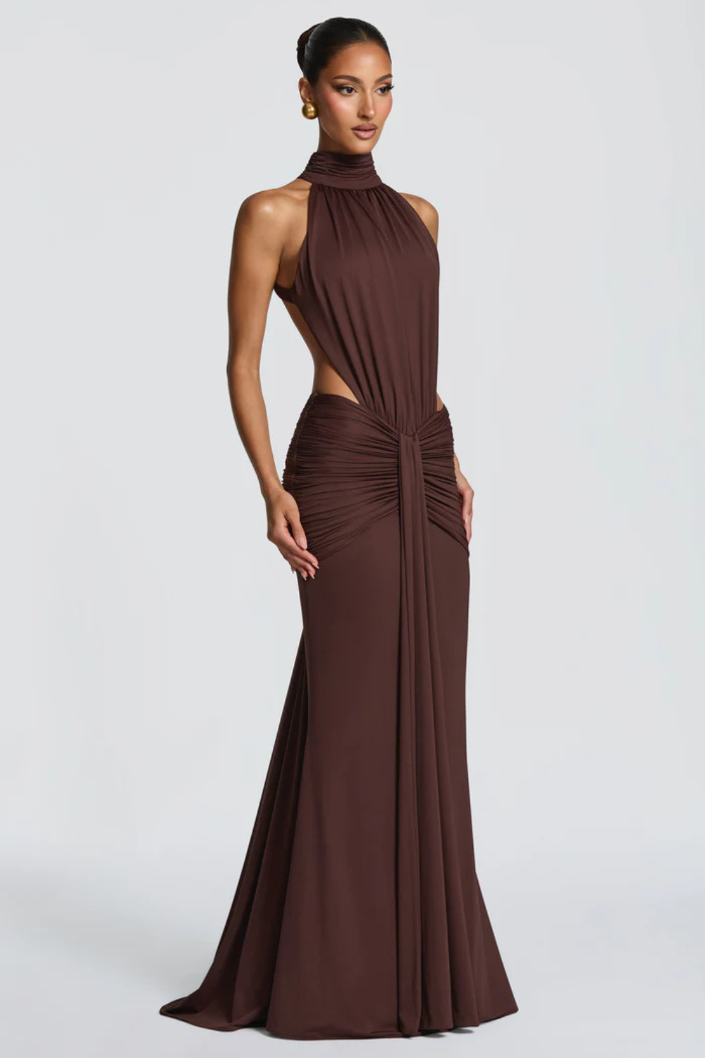 EVELINE VAUPERRIN | Draped Halter Maxi Dress – Side Cut Out Ruched Hip Bodycon Evening Gown