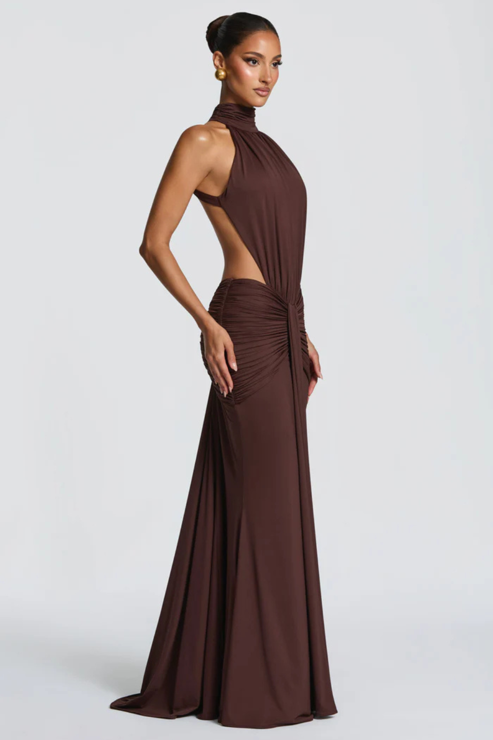 EVELINE VAUPERRIN | Draped Halter Maxi Dress – Side Cut Out Ruched Hip Bodycon Evening Gown