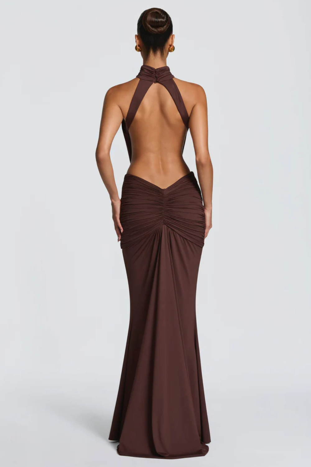 EVELINE VAUPERRIN | Draped Halter Maxi Dress – Side Cut Out Ruched Hip Bodycon Evening Gown