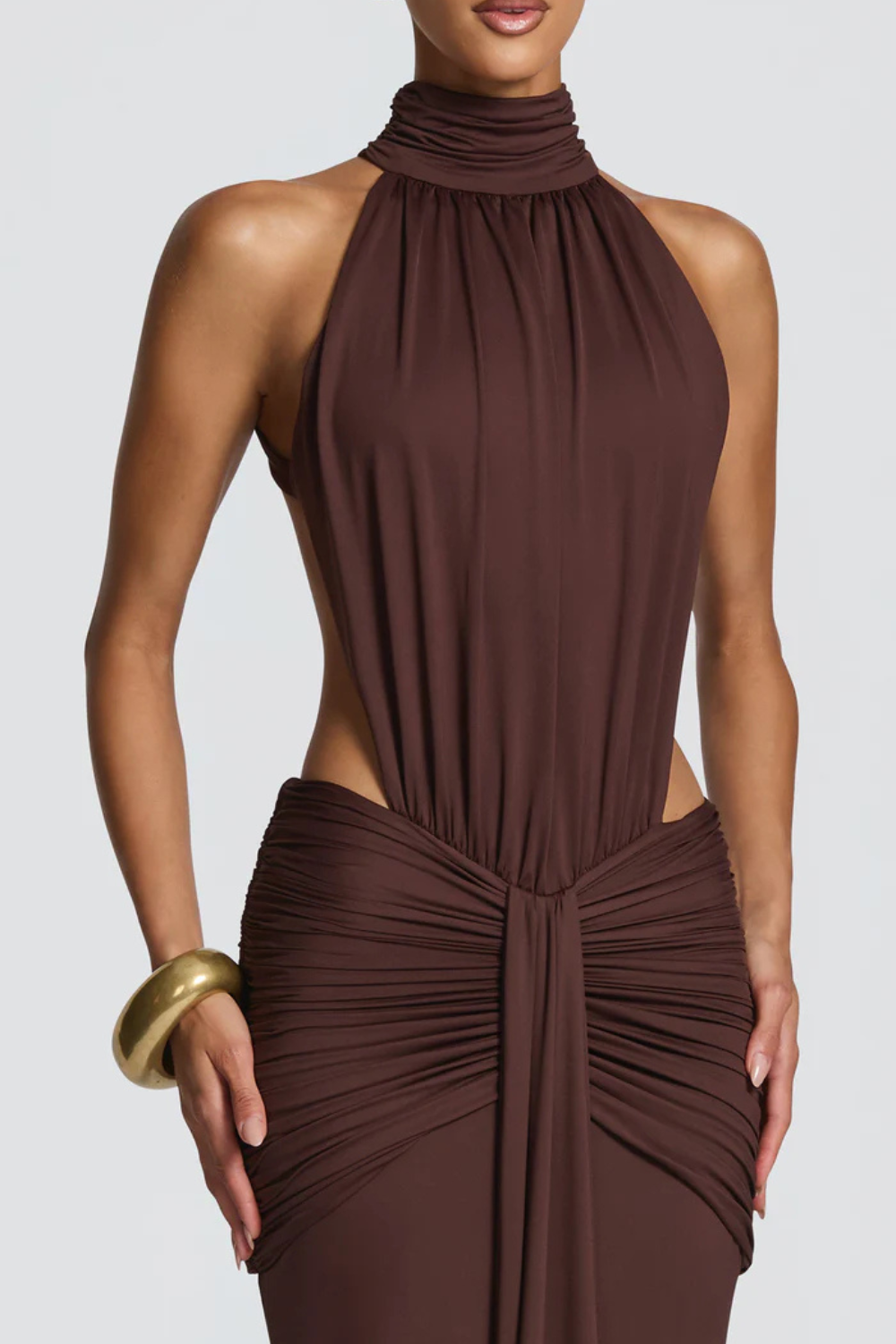 EVELINE VAUPERRIN | Draped Halter Maxi Dress – Side Cut Out Ruched Hip Bodycon Evening Gown