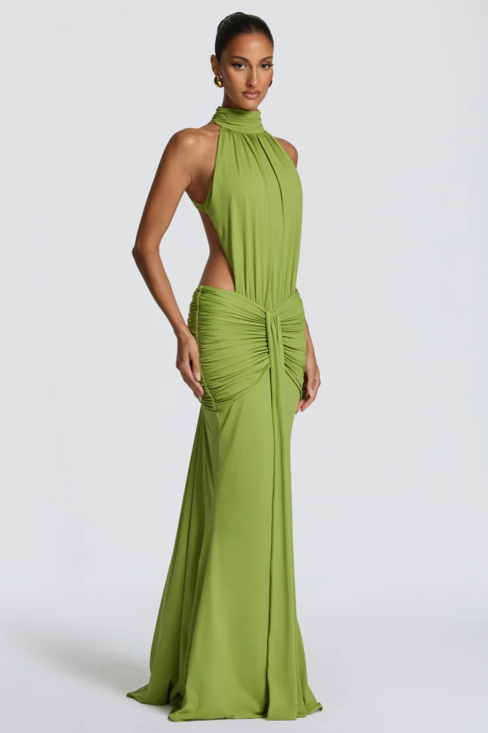 EVELINE VAUPERRIN | Draped Halter Maxi Dress – Side Cut Out Ruched Hip Bodycon Evening Gown