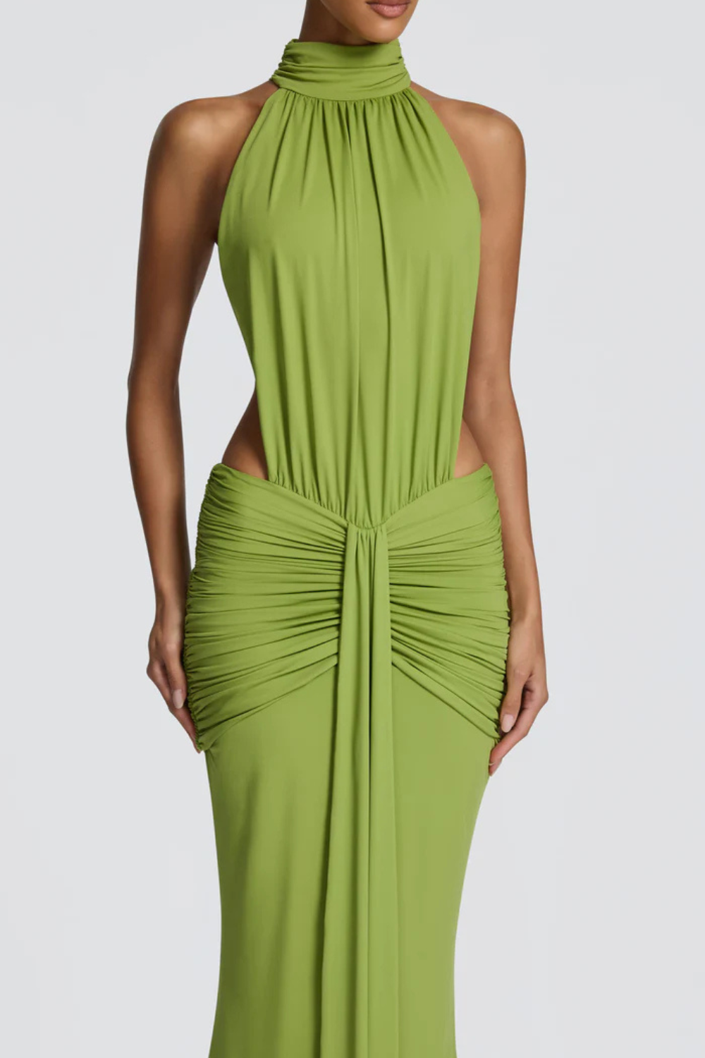 EVELINE VAUPERRIN | Draped Halter Maxi Dress – Side Cut Out Ruched Hip Bodycon Evening Gown