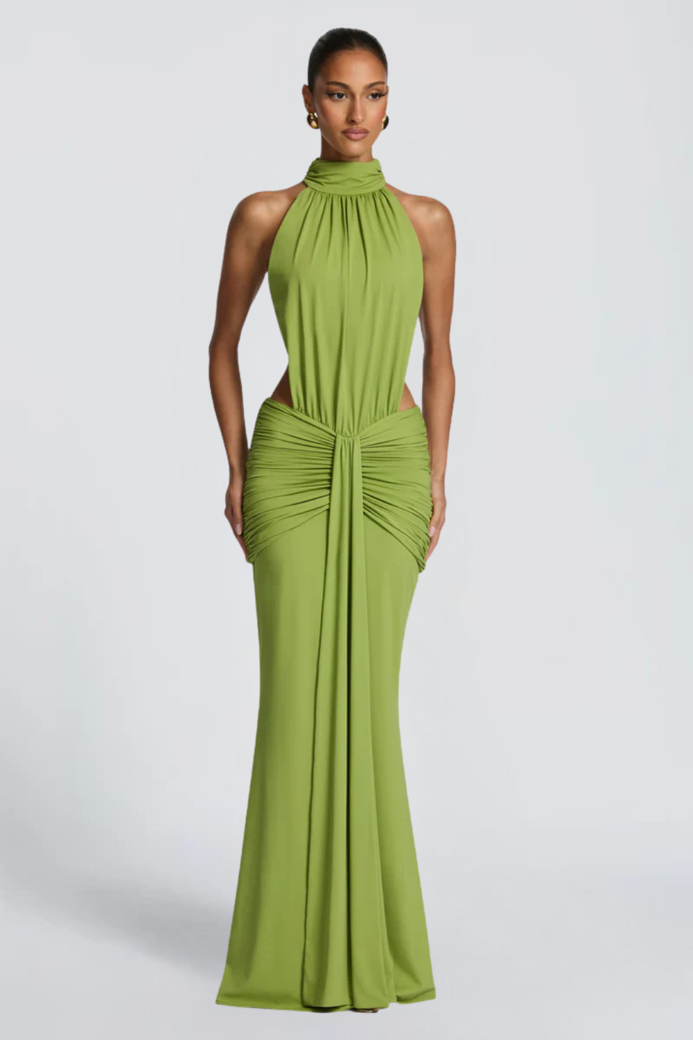 EVELINE VAUPERRIN | Draped Halter Maxi Dress – Side Cut Out Ruched Hip Bodycon Evening Gown